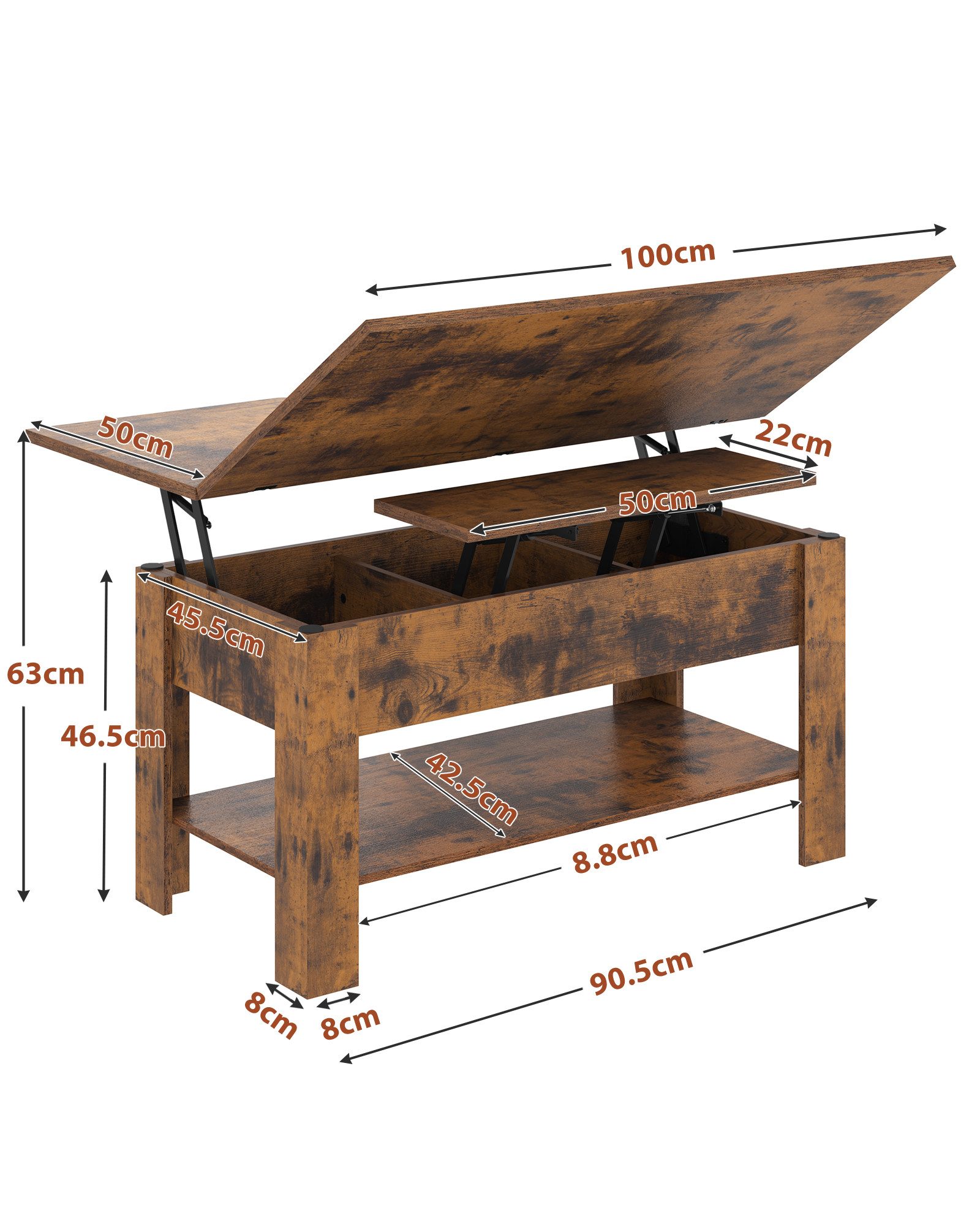 MSMASK Couchtisch Höhenverstellbarer Kaffeetisch mit Verstecktem Stauraum, günstig online kaufen