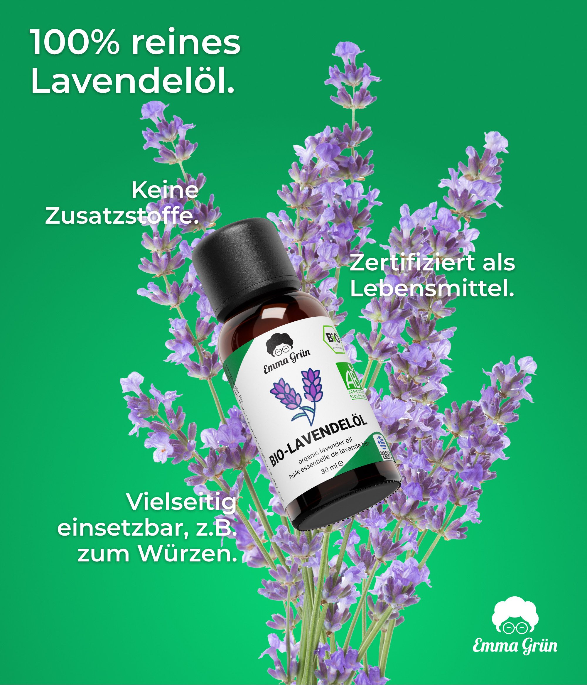 Emma Grün Duftöl Bio Lavendelöl 30 ml (Set), Lavendel Öl aus Griechenland, ätherische Öle naturrein & bio