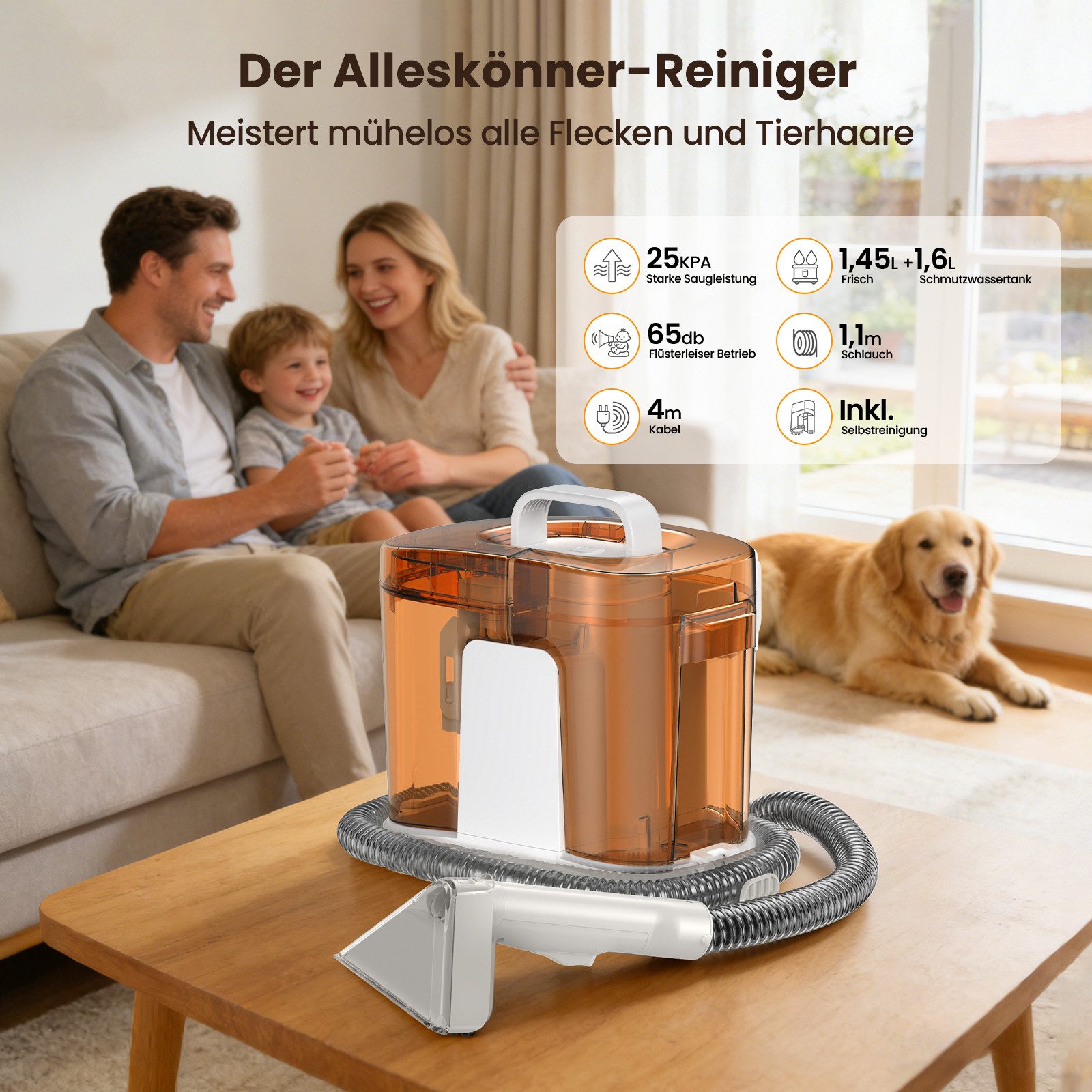 Grenintol Teppichreinigungsgerät 25kPA Waschsauger,Teppichreiniger,Tragbarerer Polsterreiniger Gerät, 600 W, 1,45 l Frischwassertank + 1,6 l Schmutzwassertank, tragbarer Nasssauger & Fleckenreiniger mit 2-Tank-System, reinigt gründlich Polster, Teppiche, Autositze & Matratzen