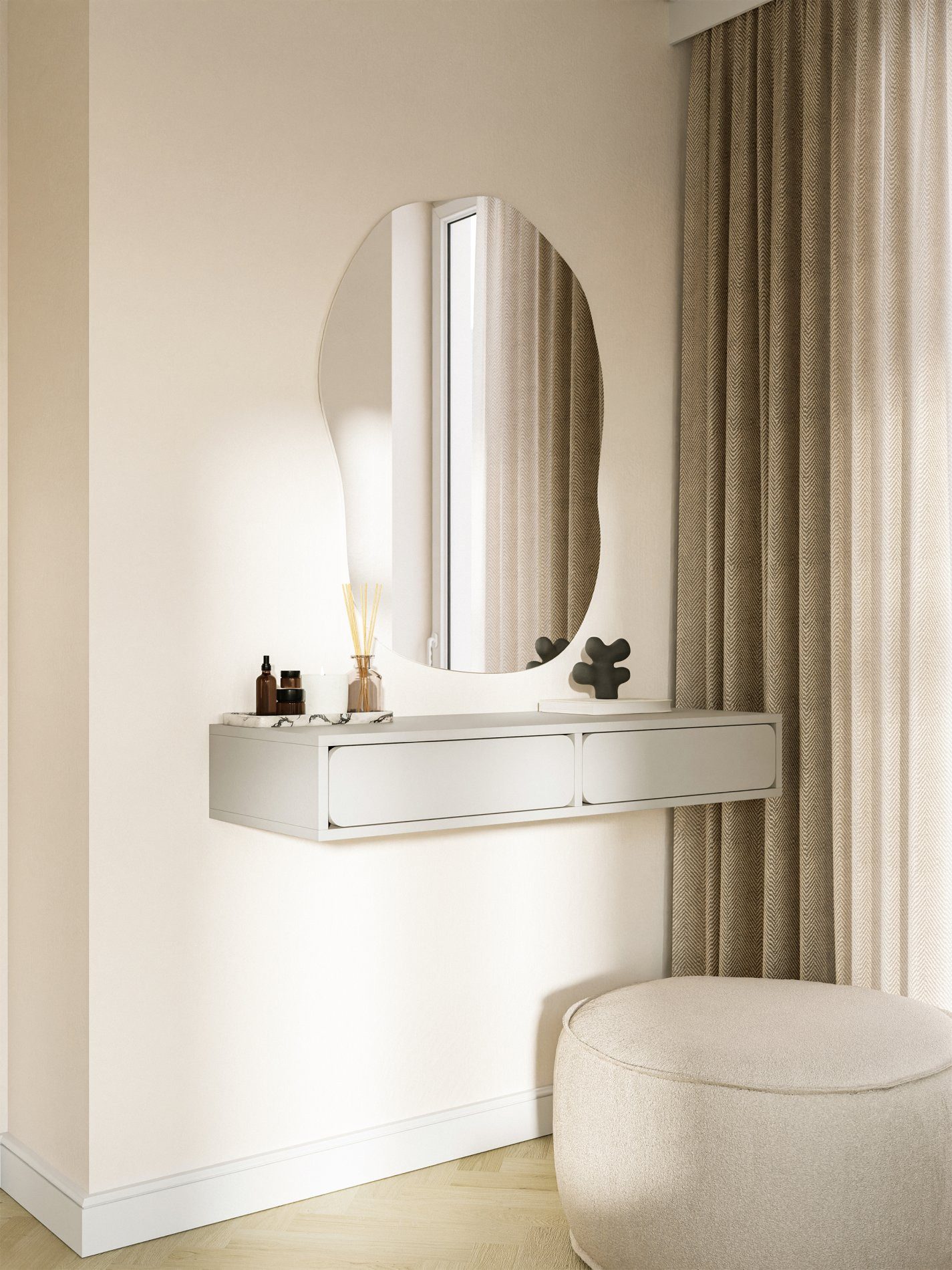 Selsey Schminktisch WUWU, Wandschminktisch mit 2 Schubladen, Greige, 110 cm