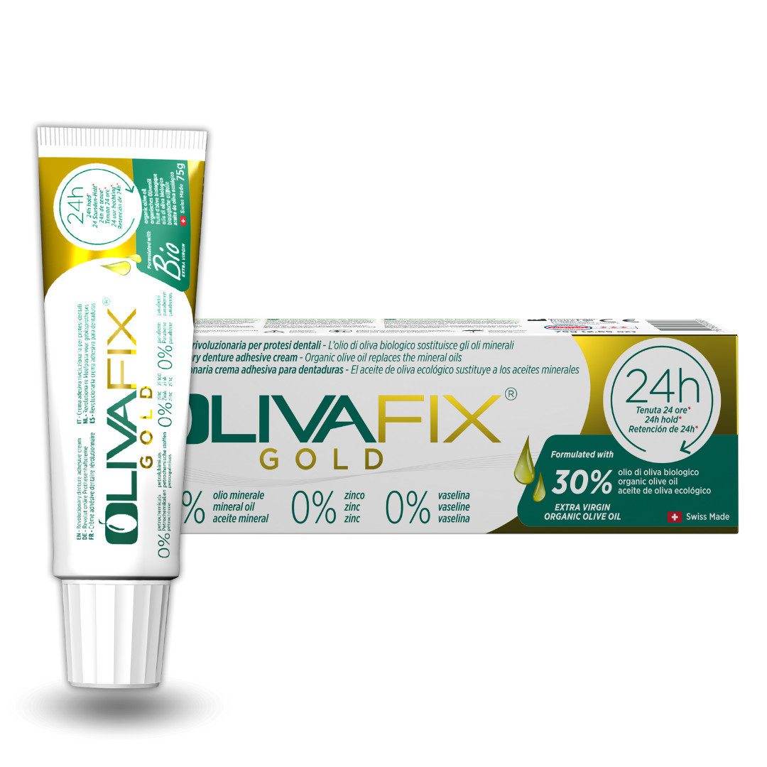 Medosan Zahnpasta Prothesenhaftcreme OlivaFix Gold, mit organischem Olivenöl für zusätzliche Pflege