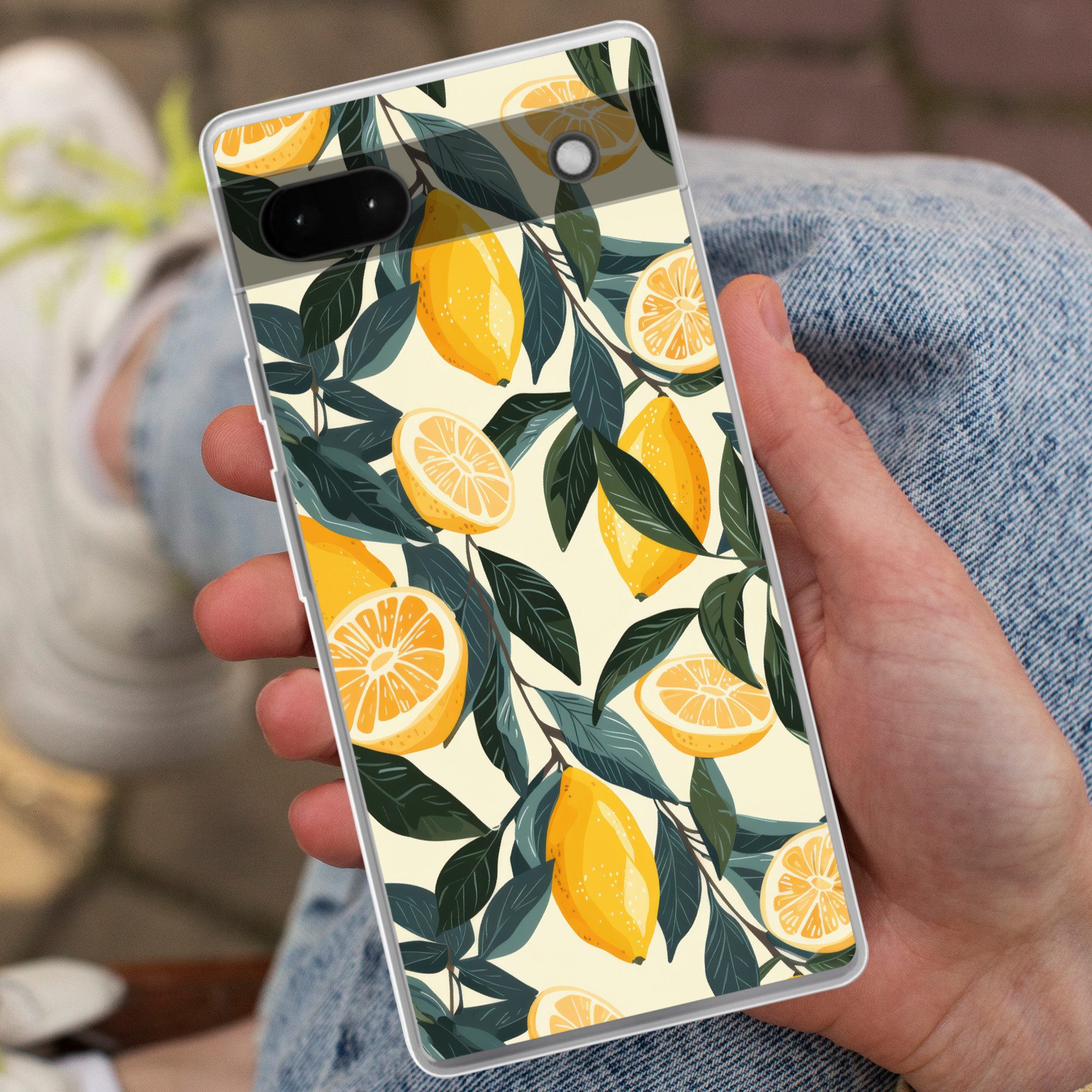 MuchoWow Handyhülle für Google Pixel 6a Zitronen - Früchte - Blätter - Gelb - Grün - Beige, Phone Case, Silikon, Schutzhülle Dünn