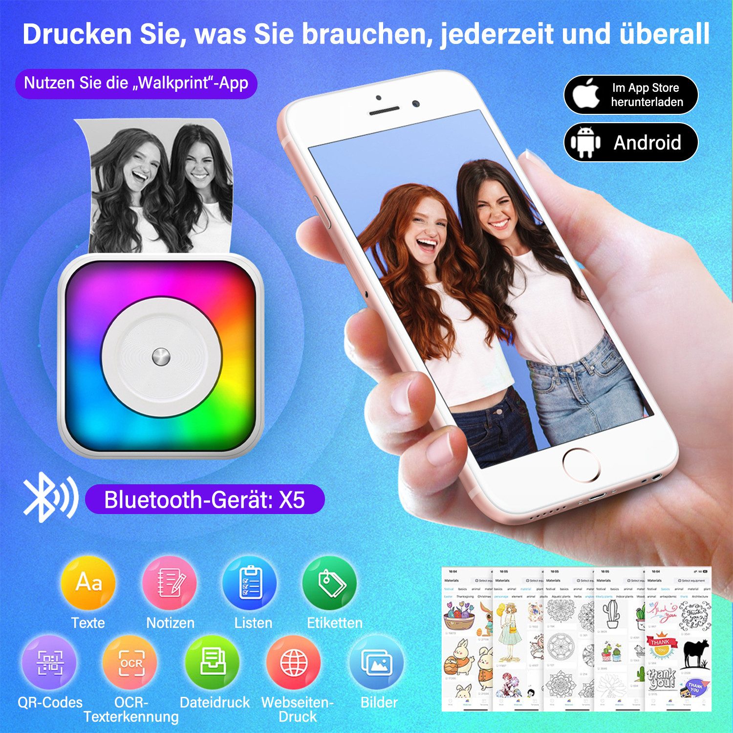 MOPUEA Mini-Thermodrucker Bluetooth Farbwechselnd Set mit 13 Rollen Papier Etikettendrucker, (Kein Tintenbedarf, 203 DPI, OCR, tragbar, langlebiger Akku)