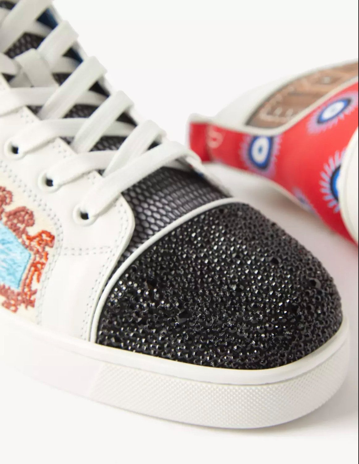 CHRISTIAN LOUBOUTIN Bestickte No Limit Greek Boat Leder Boots Sneaker bestickte Bootsszene, Böse-Auge-Druck, Rote Gummisohle