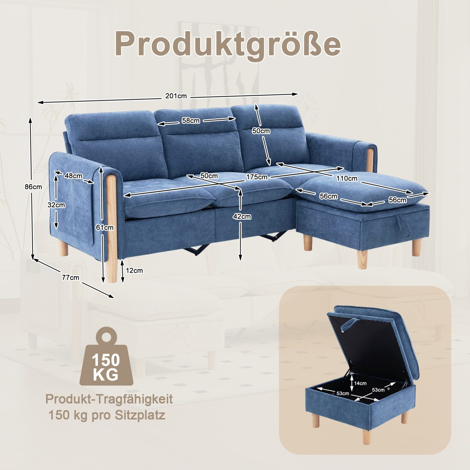 ANYSUN Sofa L-förmiges modernes Sofa,3-Sitzer-Sofa mit Chaiselongue, Stauraum, Großes U-förmiges Sofa,Tischbeinen aus Holz, Vier-Sitzer-Sofa,L-förmiges Stoffsofa für das Wohnzimmer Büro Wohnung