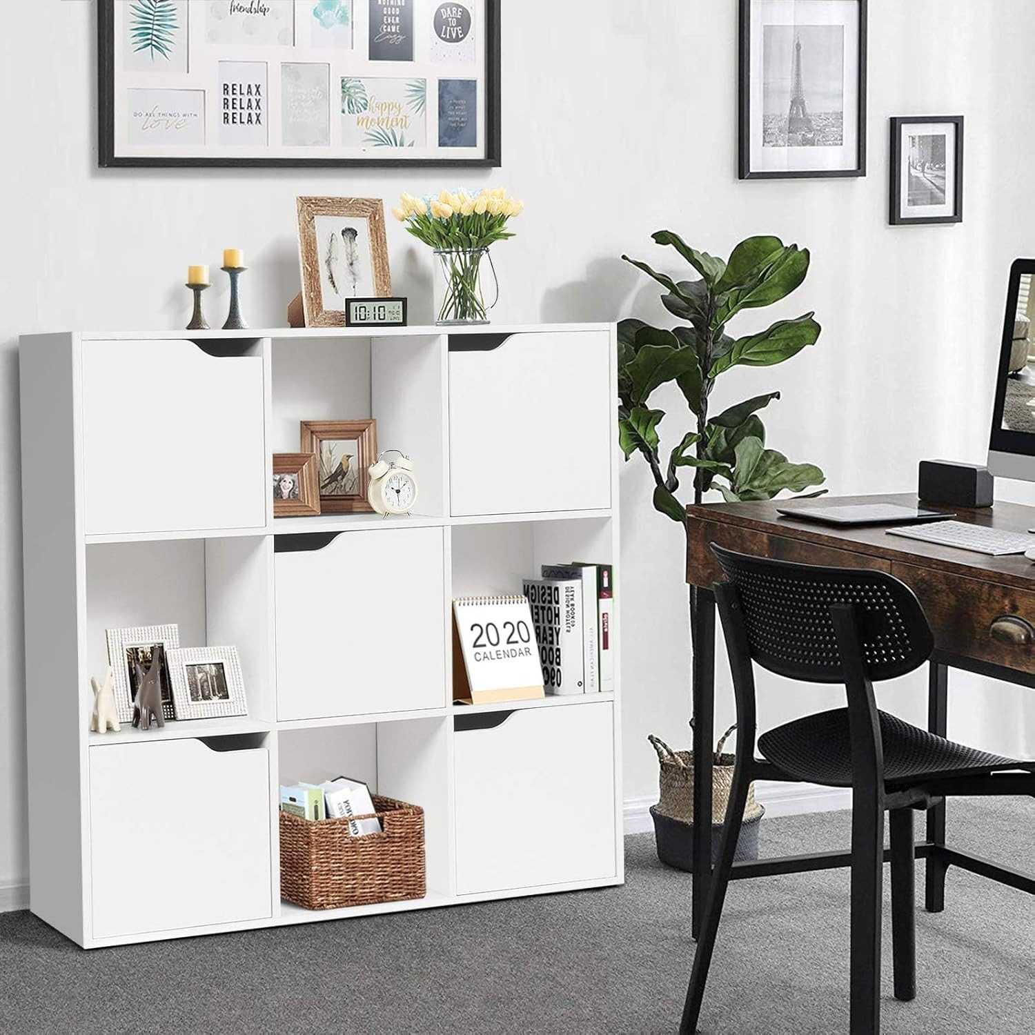 KOMFOTTEU Bücherregal Würfelregal mit 9 Fächern & 5 Türen, 90x29x90cm, weiß günstig online kaufen