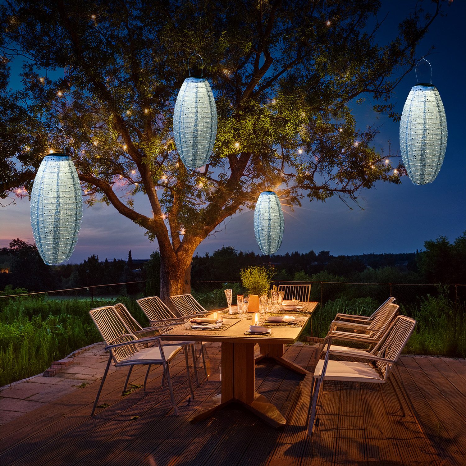 MARELIDA LED Lampion 2x Solar Gartenlampions oval Blumenmuster blau 40cm Balkon Terrasse, LED Classic, warmweiß (2100K bis 3000K)