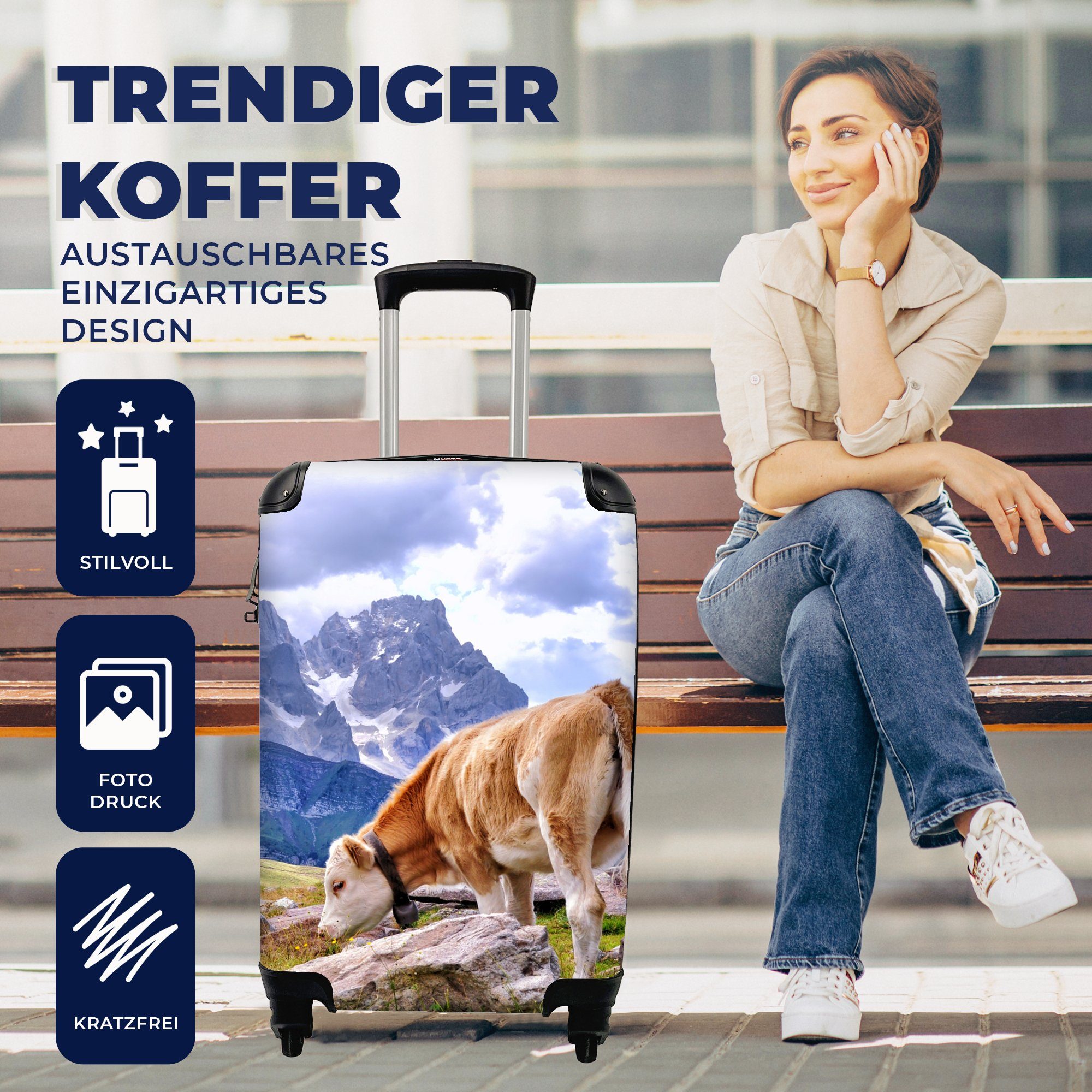 Handgepäckkoffer rollen, Rollen, - Trolley, Kuh Handgepäck Berg, - MuchoWow für Alpen mit Reisekoffer 4 Reisetasche Ferien,