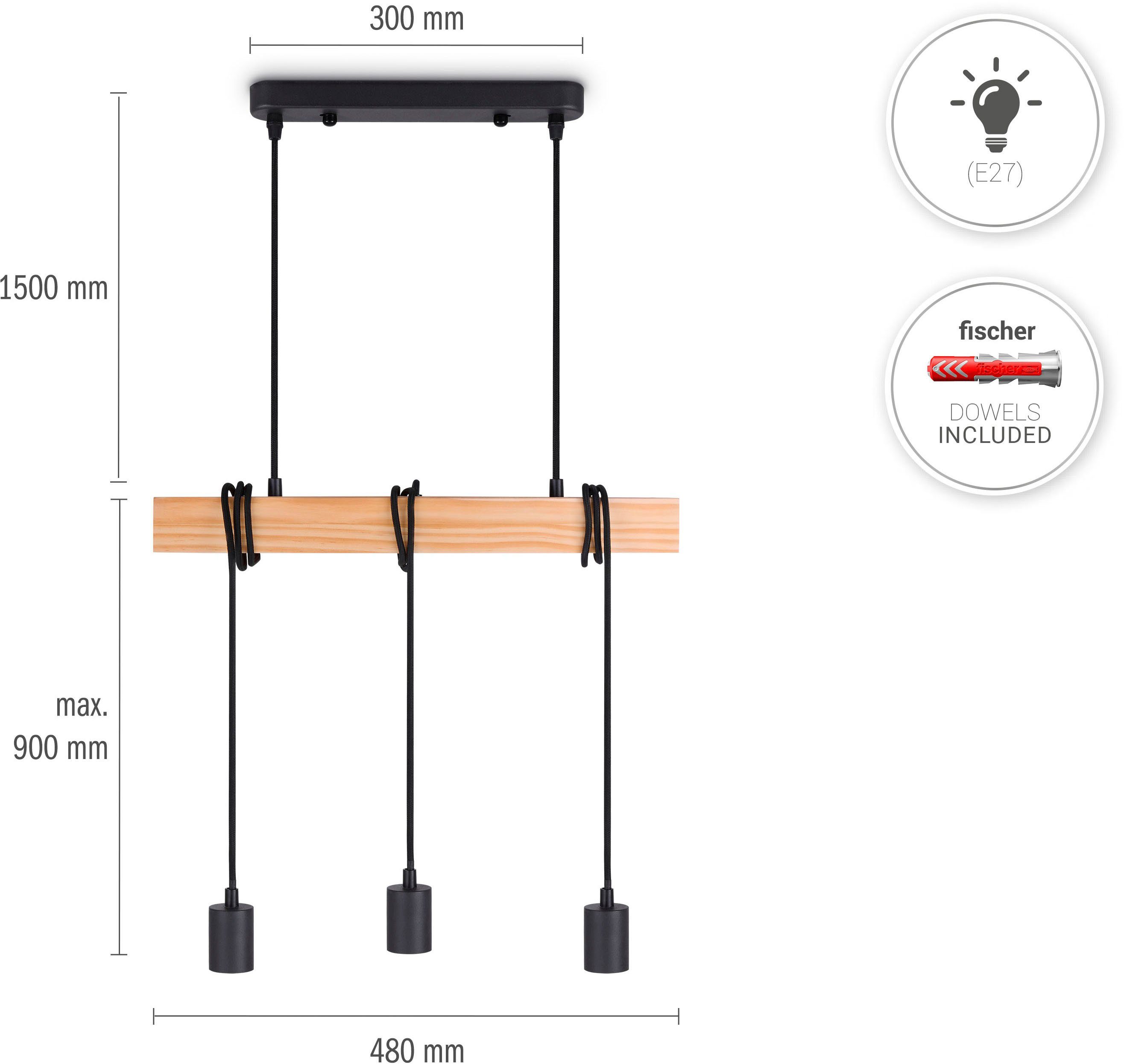 Home 3x Paco LED schwarz Wohnzimmer Leuchtmittel, schwarz Pendelleuchte SINA, Esszimmer ohne E27 Hängeleuchte Holz Vintage Pendellampe