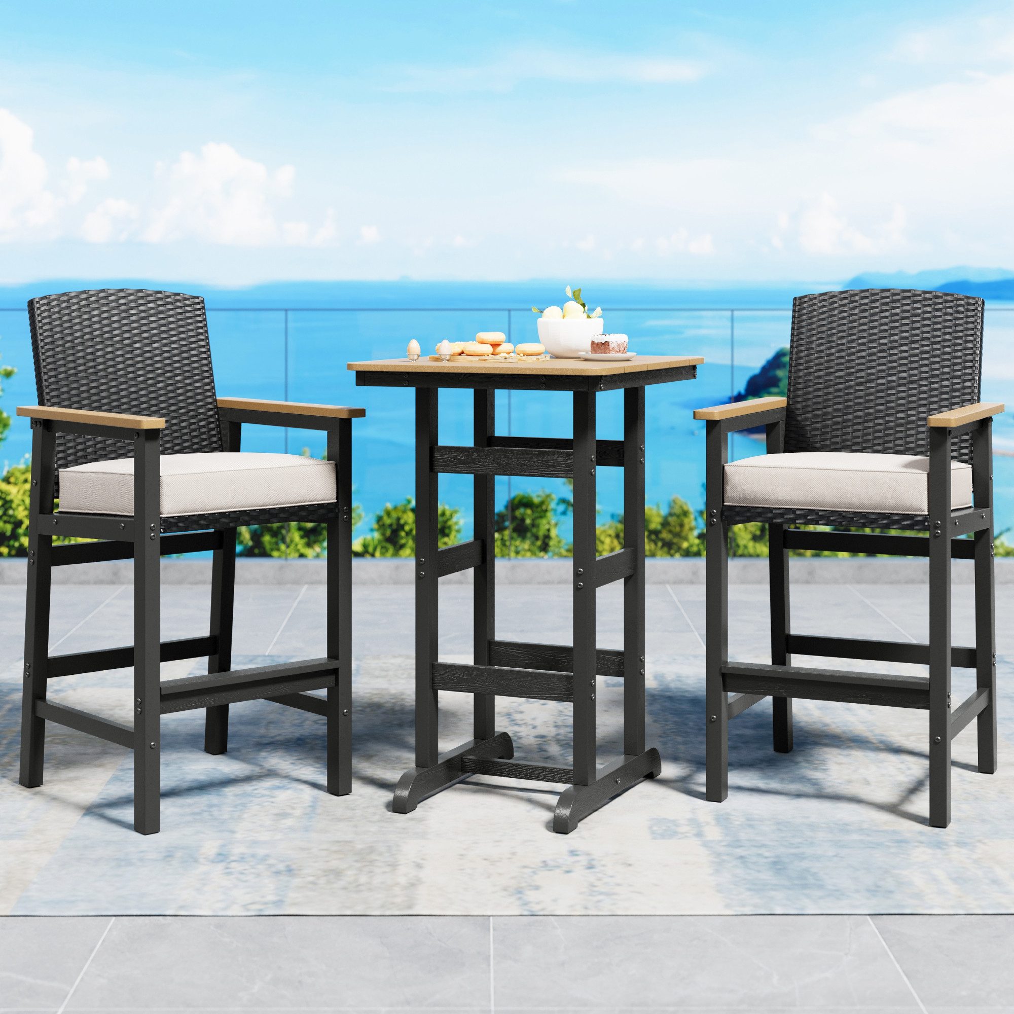 PHI VILLA Gartenbar-Set, (3 Stück Bar-Tisch-Set mit Bar-Stühlen, Bar-Möbel für den Außenbereich), PE Rattan-Hocker und Holz-Tischplatte, Bar-Tisch mit 2 Stühlen