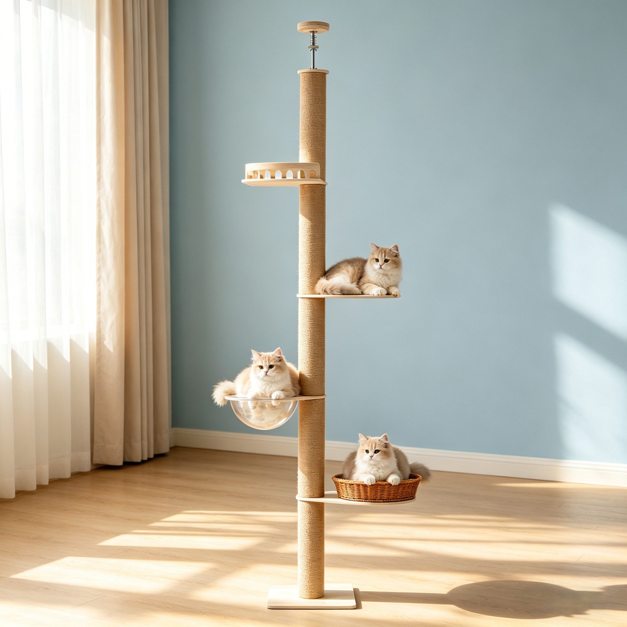 Hausright Kratzbaum Kratzbaum höhenverstellbar 255-270 cm mit 5 Sisalsäulen, 5-Stöckig, 255–270 cm, Ohne Bohren, Sisalstämme