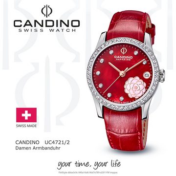 Candino Quarzuhr Candino Damen Armbanduhr Elegance, (Analoguhr), Damen Armbanduhr rund, Lederarmband rot, Fashion