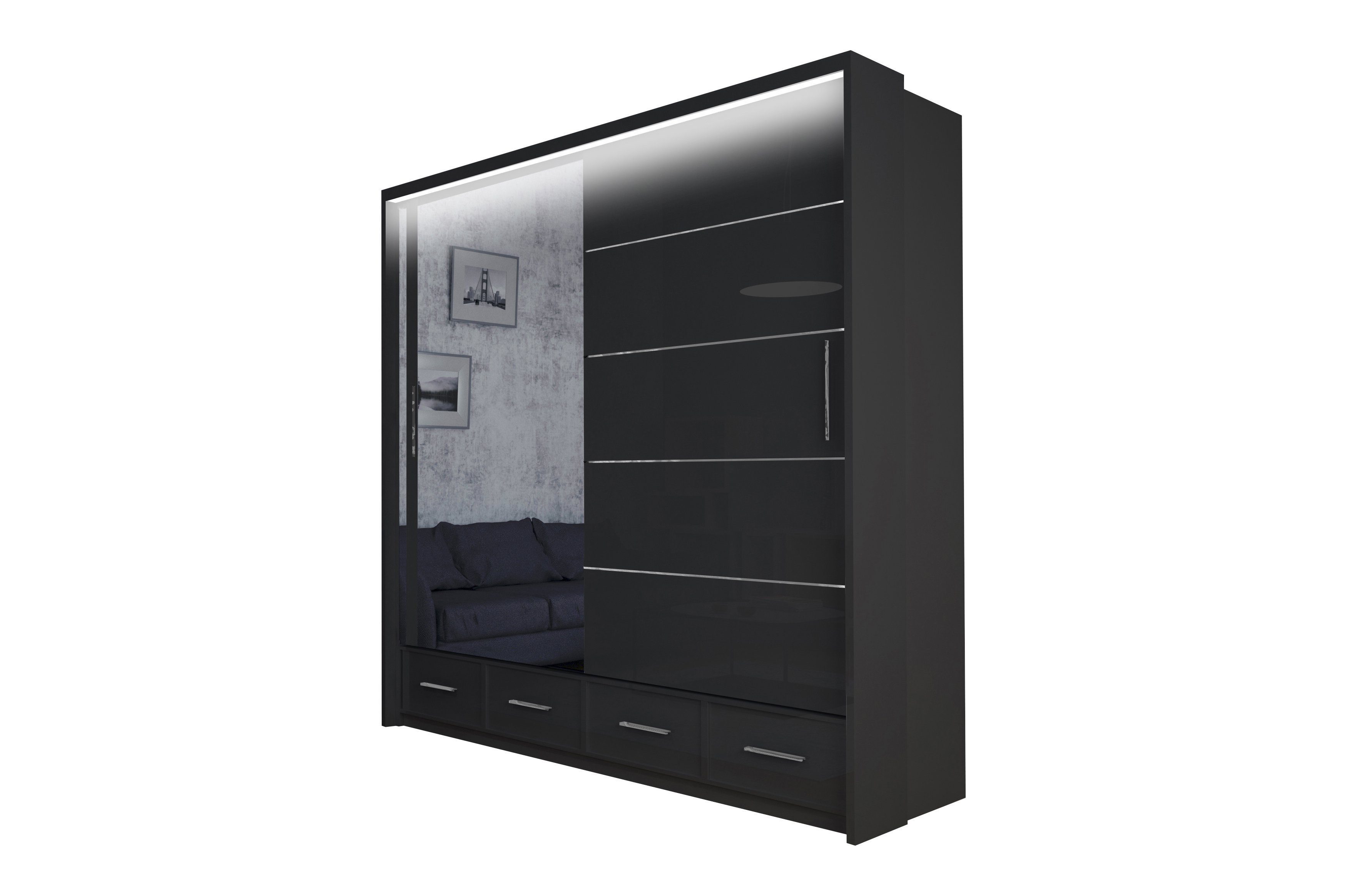 MOEBLO Kleiderschrank Cylia (Schwebetüren, grau/schwarz/weiß Schwebetürenschrank 2-türig Schrank Garderobe Schiebtüren Schlafzimmer, mit LED-Beleuchtung Kleiderschrank mit Schubladen und Spiegel) - (BxHxT): 153/203/253x220x66cm