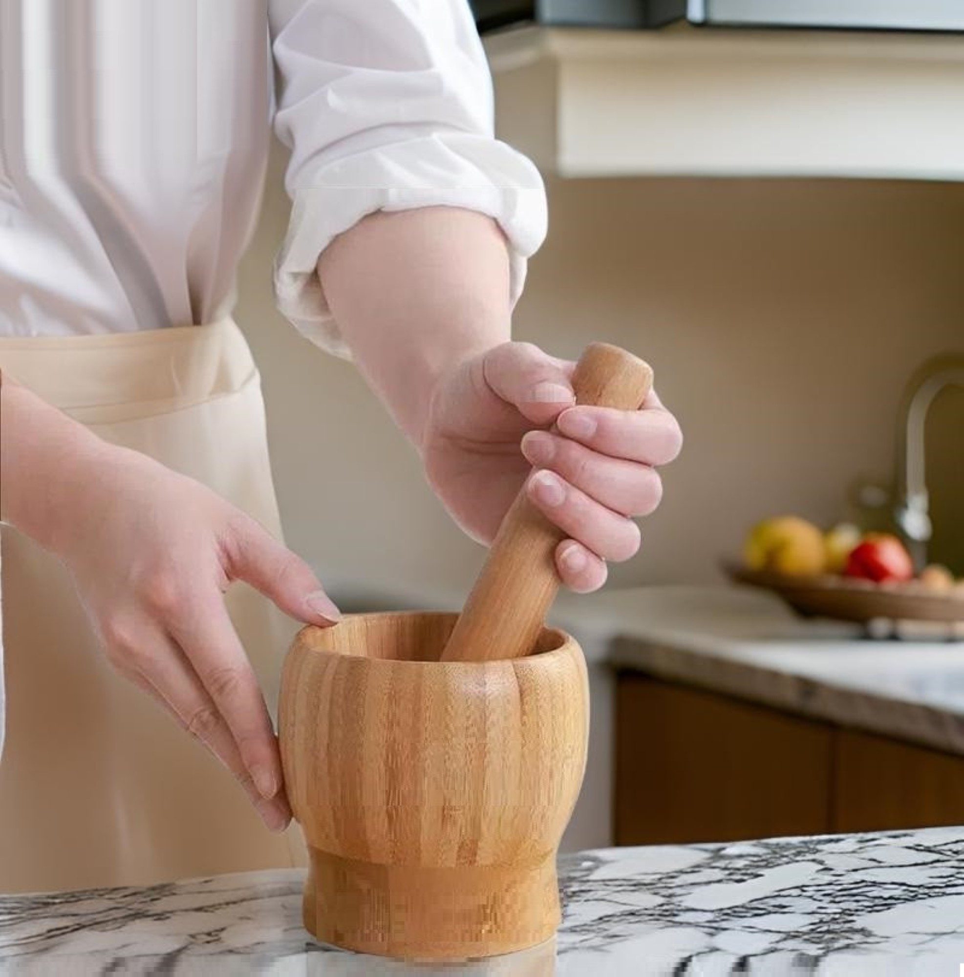 Cheffinger Mörser mit Stößel aus Bambus zum Mahlen von Kräutern & Gewürzen, (2-tlg)