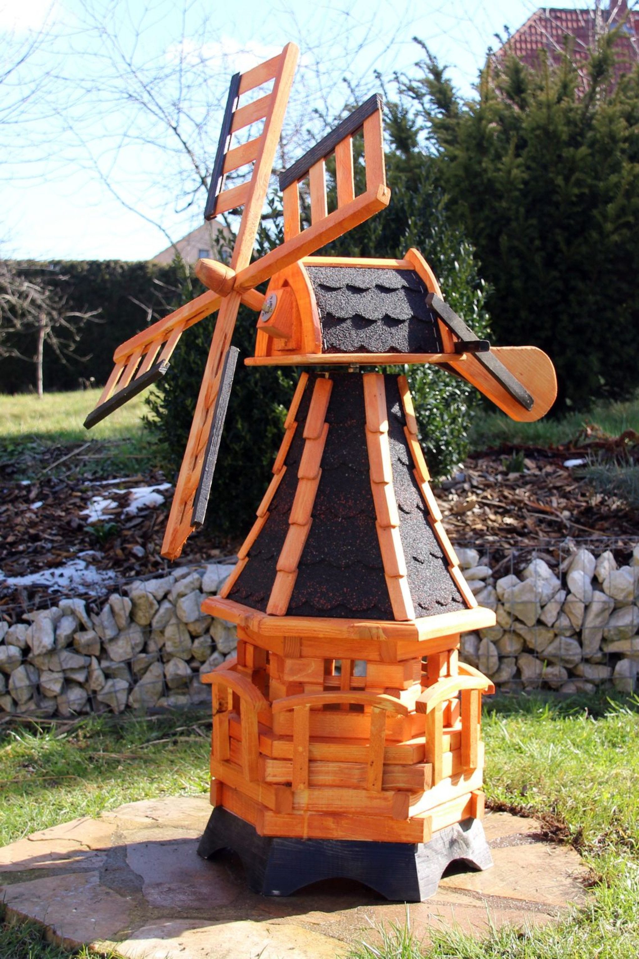 Holzdekoladen Deko-Windrad Gartenwindmühle Holz 100 cm – mit Solarlicht, drehbar