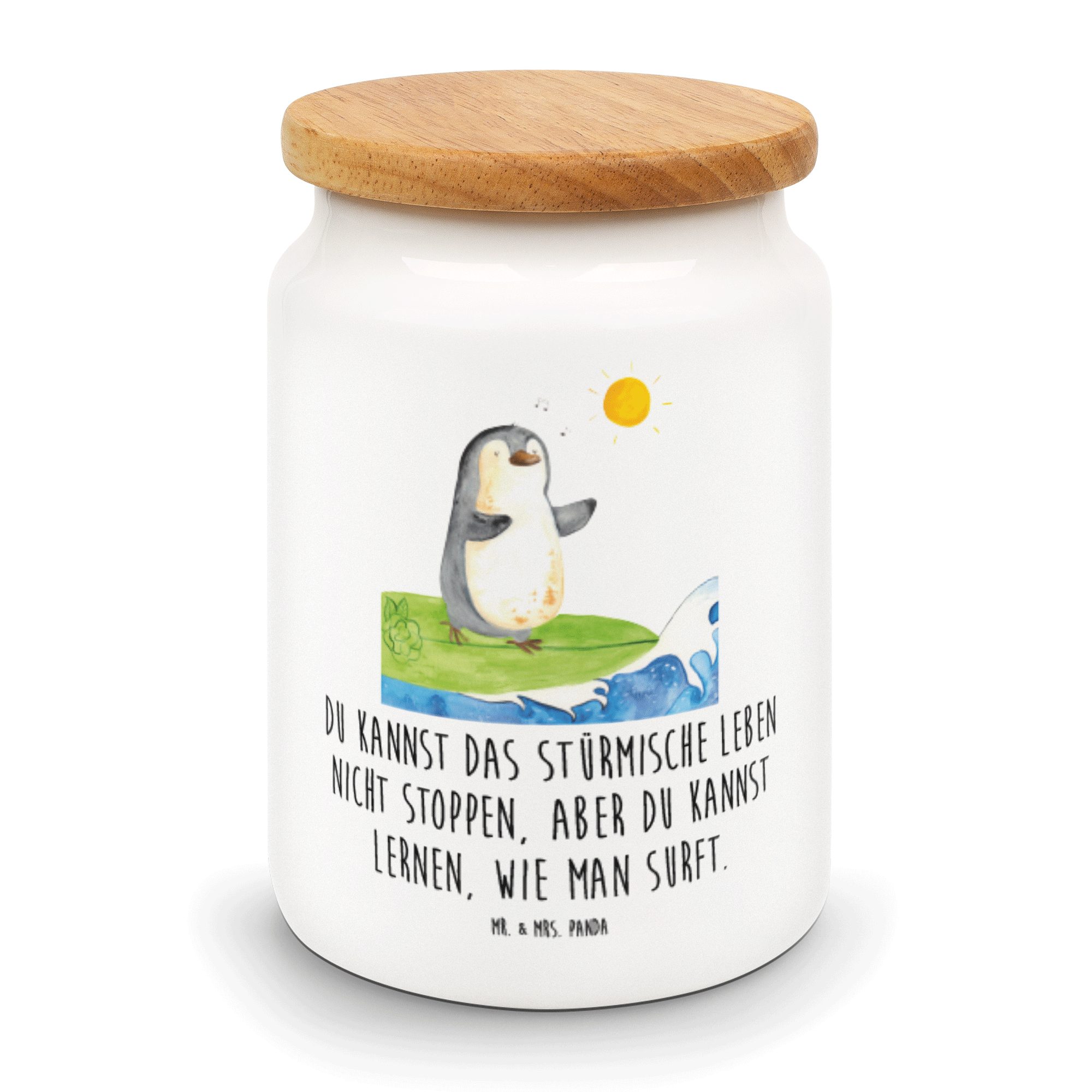 Mr. & Mrs. Panda Vorratsdose Pinguin Surfer - Weiß - Geschenk, Wellen reiten, Keramikdose, Leckerl, Keramik, (1-tlg)
