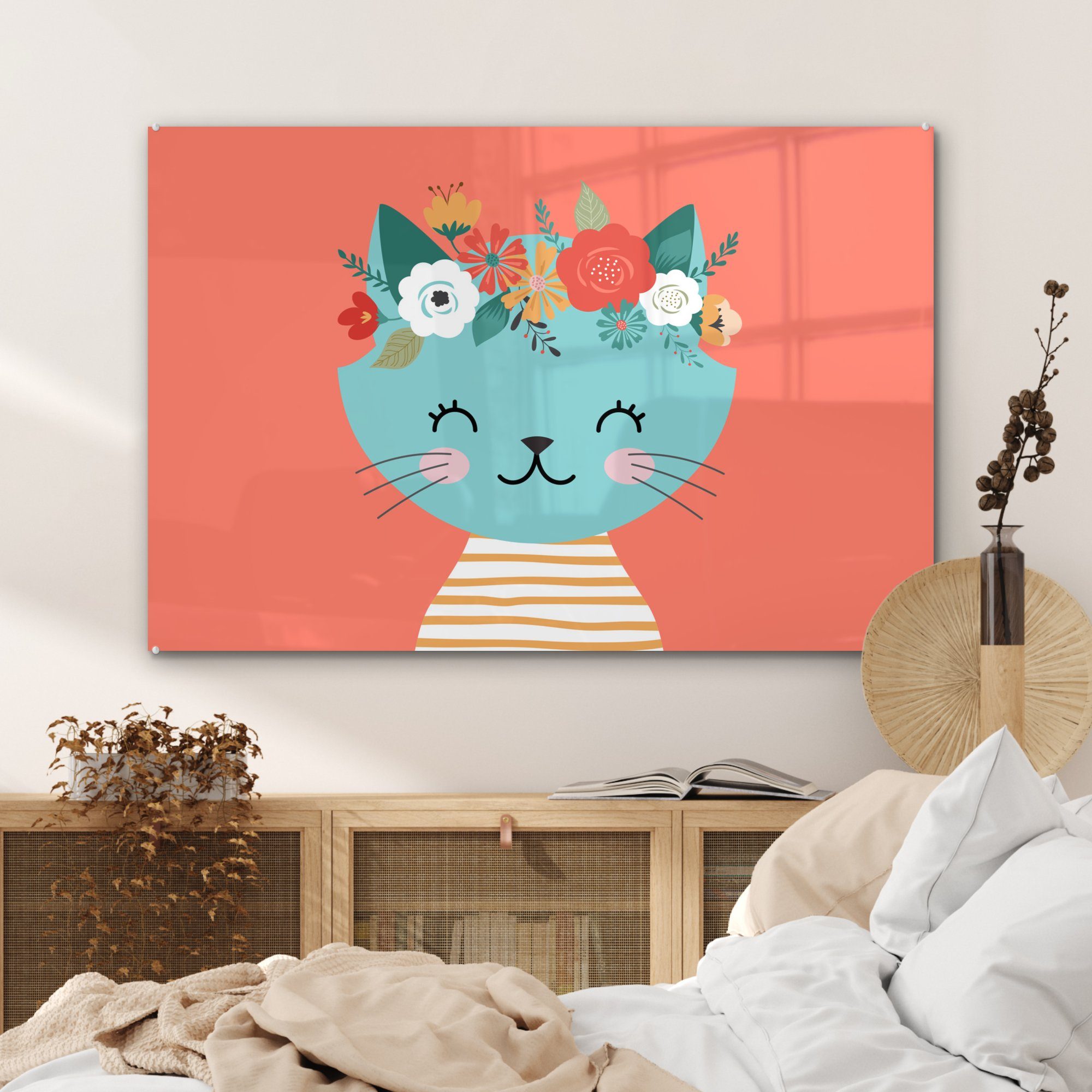 MuchoWow Katze (1 Wohnzimmer Rosa, - - & Acrylglasbilder Blumen St), Schlafzimmer Acrylglasbild