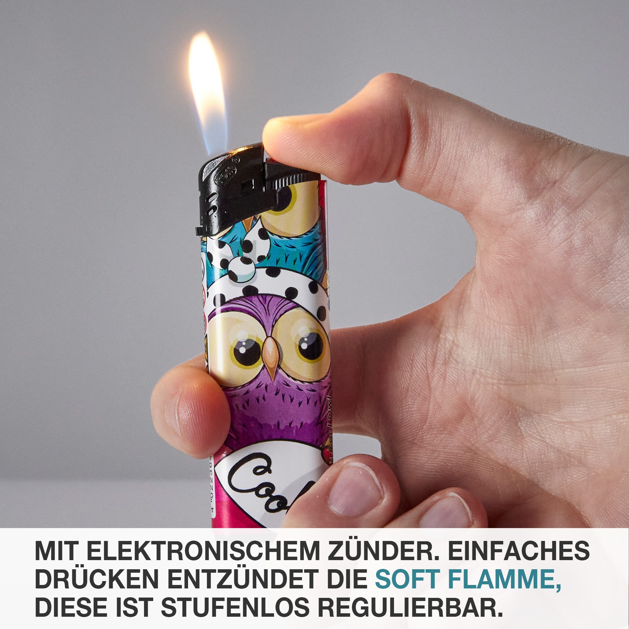 TOM Feuerzeuge 50er Display mit 5 Farben im Eulen-Design, nachfüllbar (50-St), Soft-Flamme, Elektronischer Zünder