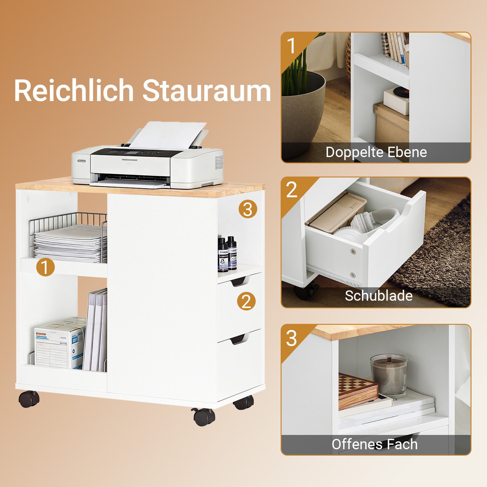SoBuy Beistellwagen FBT130, Rollcontainer mit Schubladen, Aktenschrank, Druckertisch mit Schublade Rollcontainer Bürowagen Beistelltisch – Bild 5 von 5