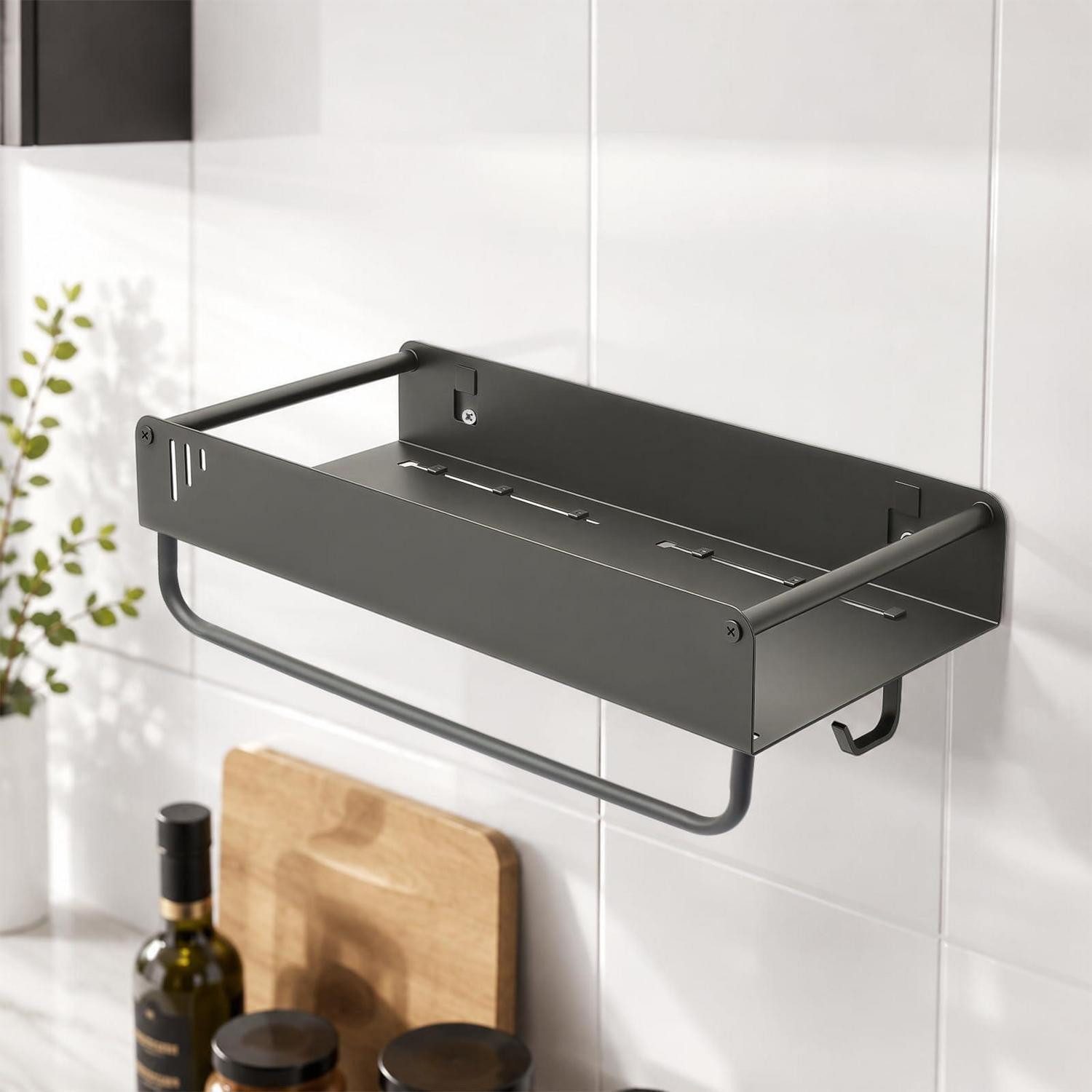 LuxusKollektion Gewürzregal Gewürzregal Wand Grau 30cm mit Haken & Handtuchstange, 1-tlg.
