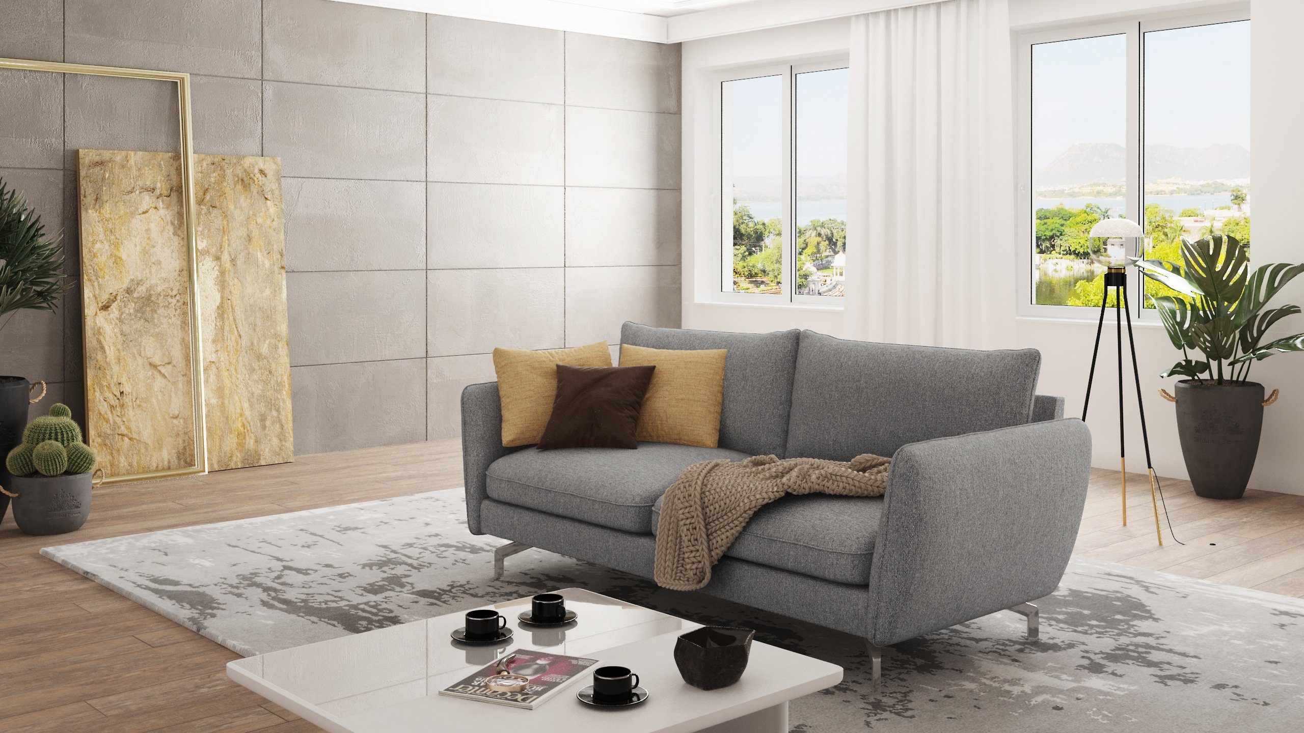 S-Style Möbel 3-Sitzer Modernes Sofa Benita mit Silber Metall Füßen, mit Wellenfederung Grau