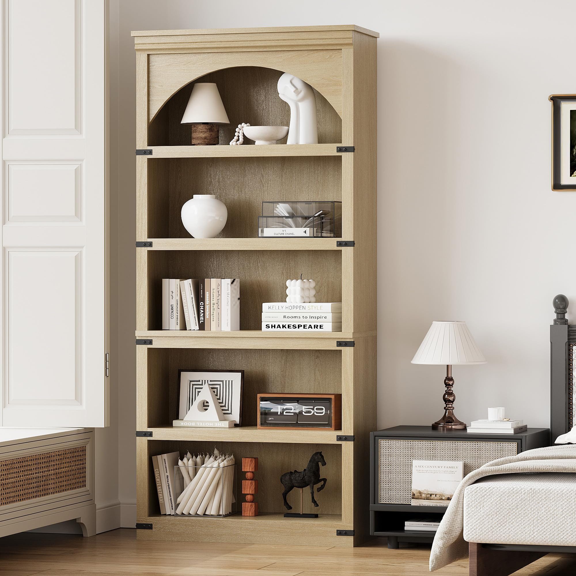 GarveeMore Bücherregal 174 cm Hoch Industrial Bücherregal mit 5 Ebenen, Metall-Holz und Türen, 1-tlg.