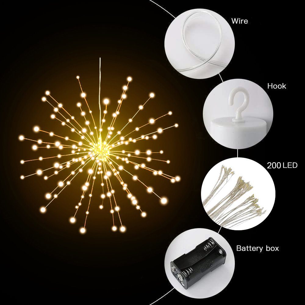 Rosnek LED-Lichterkette Hängende Kugel Lichterkette, 8 Fernbedienung, Wasserdicht Warmes dimmbar, Weiß Feuerwerk 200LEDs Weihnachtsdekoration, Modi