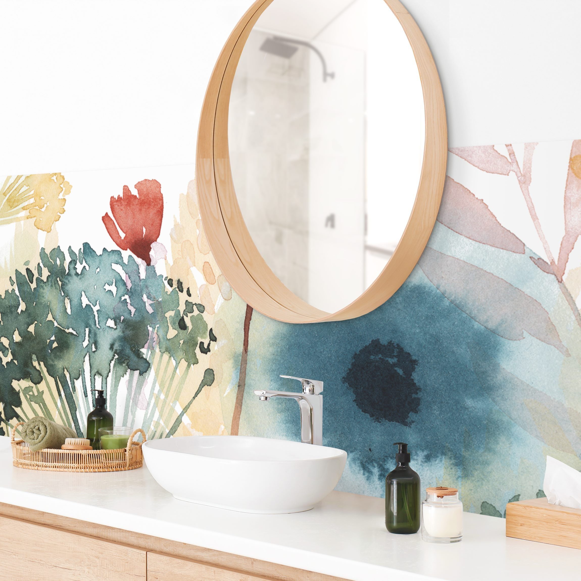 Bilderdepot24 Badrückwand weiss fugenlose Wandverkleidung Bad Landhaus, (Hartfolie matt » Selbstklebend SMART 0,35 mm), wasserfestes Wandpaneel Wildblumen Sommer I