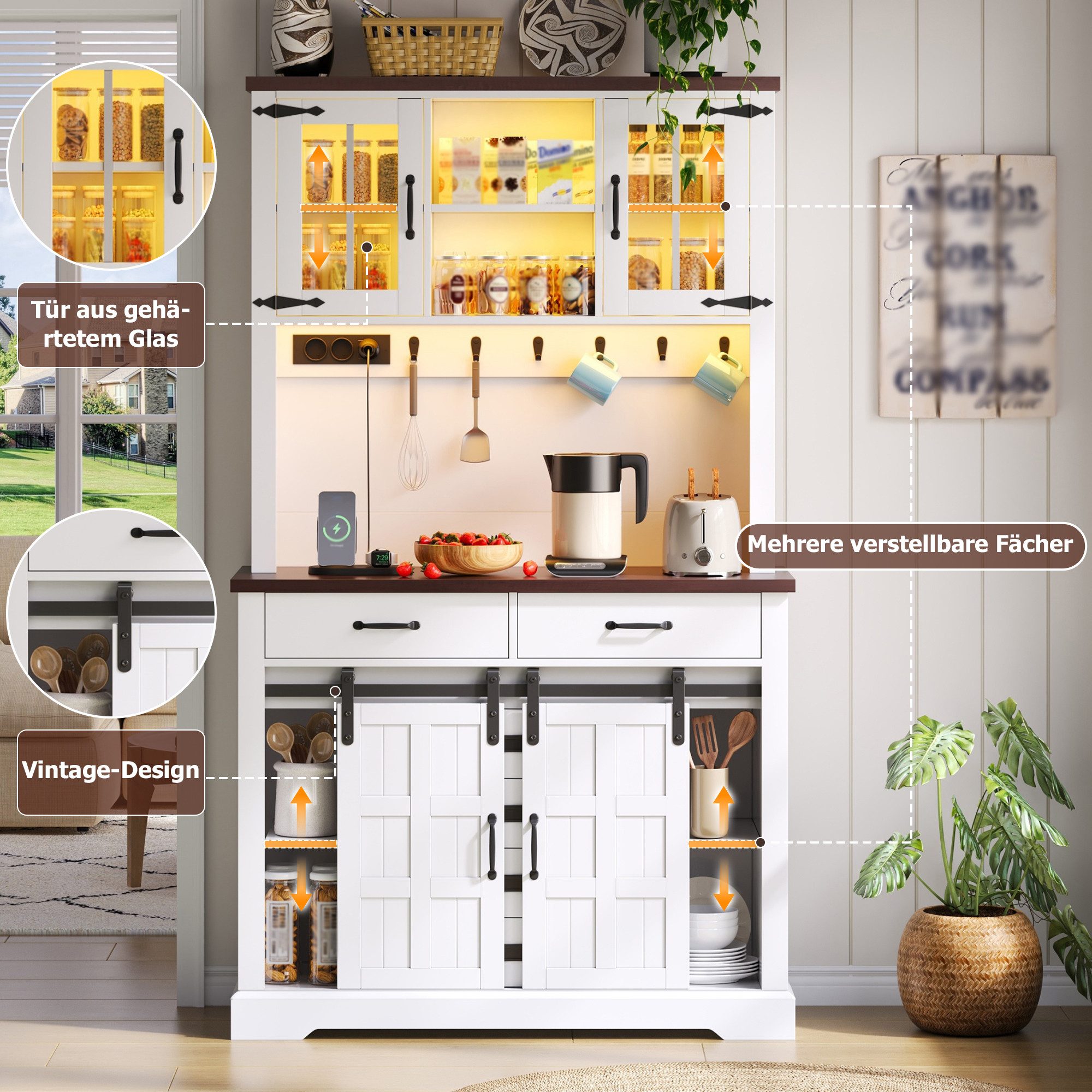 Celya Sideboard Küchenschrank, Buffetschrank mit Steckdose und LED-Beleuchtung (mit Arbeitsplatte, 6 Schubladen, verstellbare Einlegeböden und Haken), Ideal für Esszimmer, Wohnzimmer und Küche