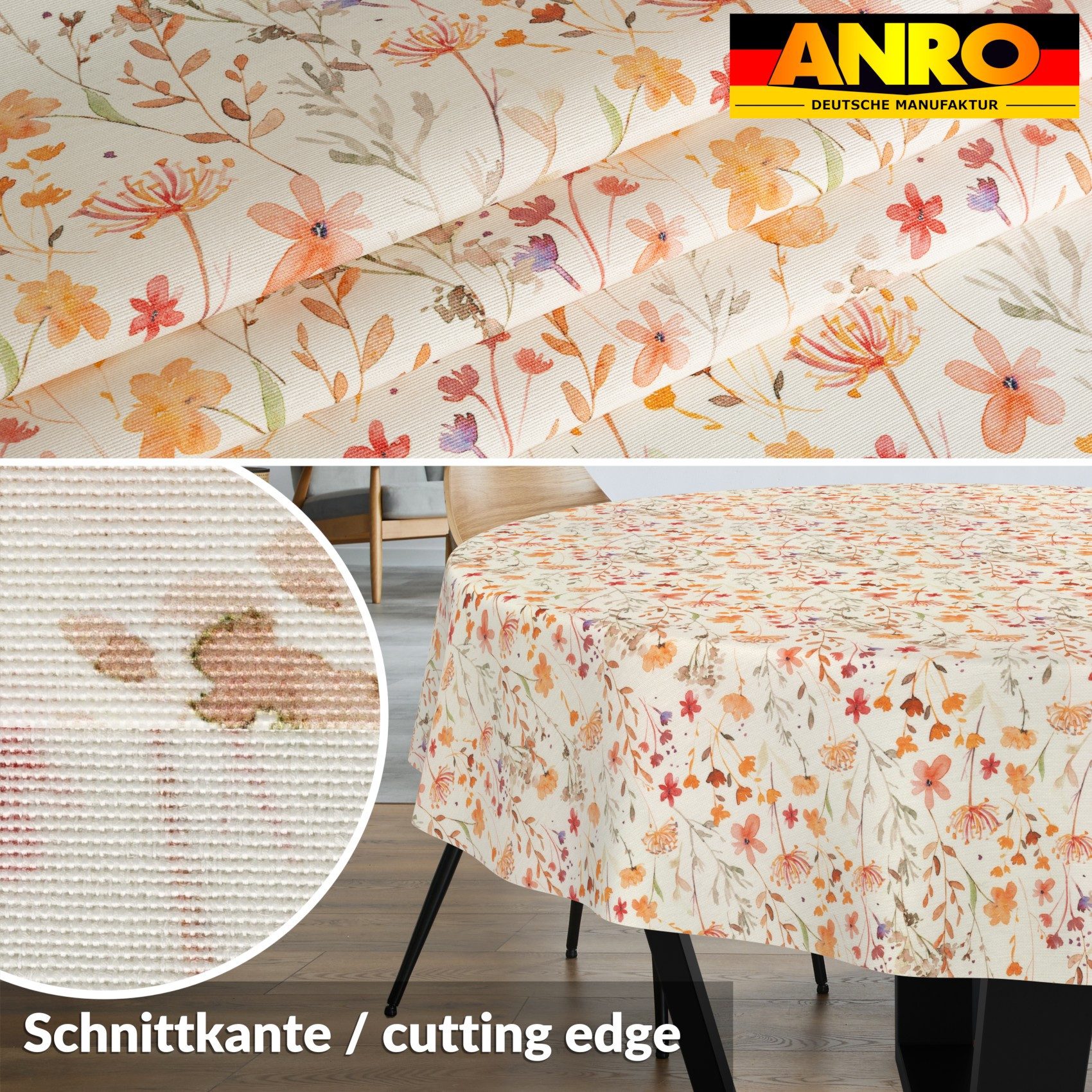 ANRO Tischdecke abwaschbar LANA Alessia-Wildblumen (Einzelstück 1-tlg), wasserabweisend Alessia-Wildblumen Orange-Beige Rund 100cm