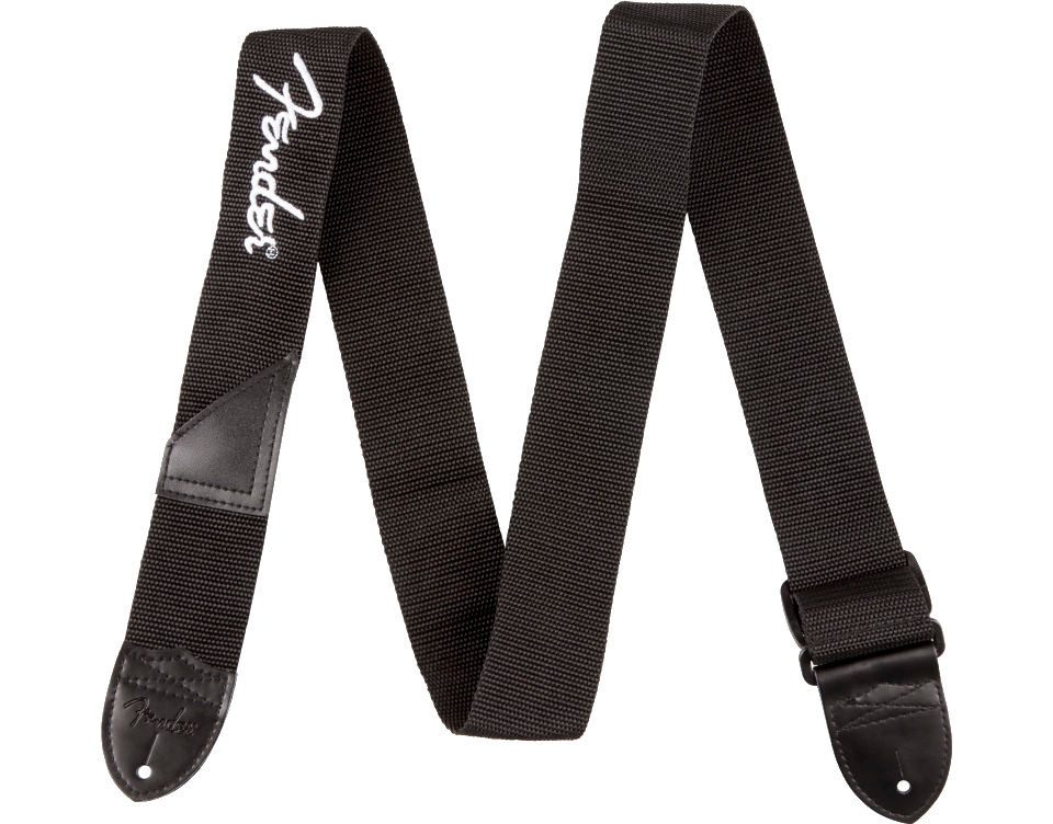 Fender Gitarrengurt Logo Strap Black with White Logo 5 cm Gitarrengurt, Längenverstellbar von 79 bis 137 cm, ungepolstert