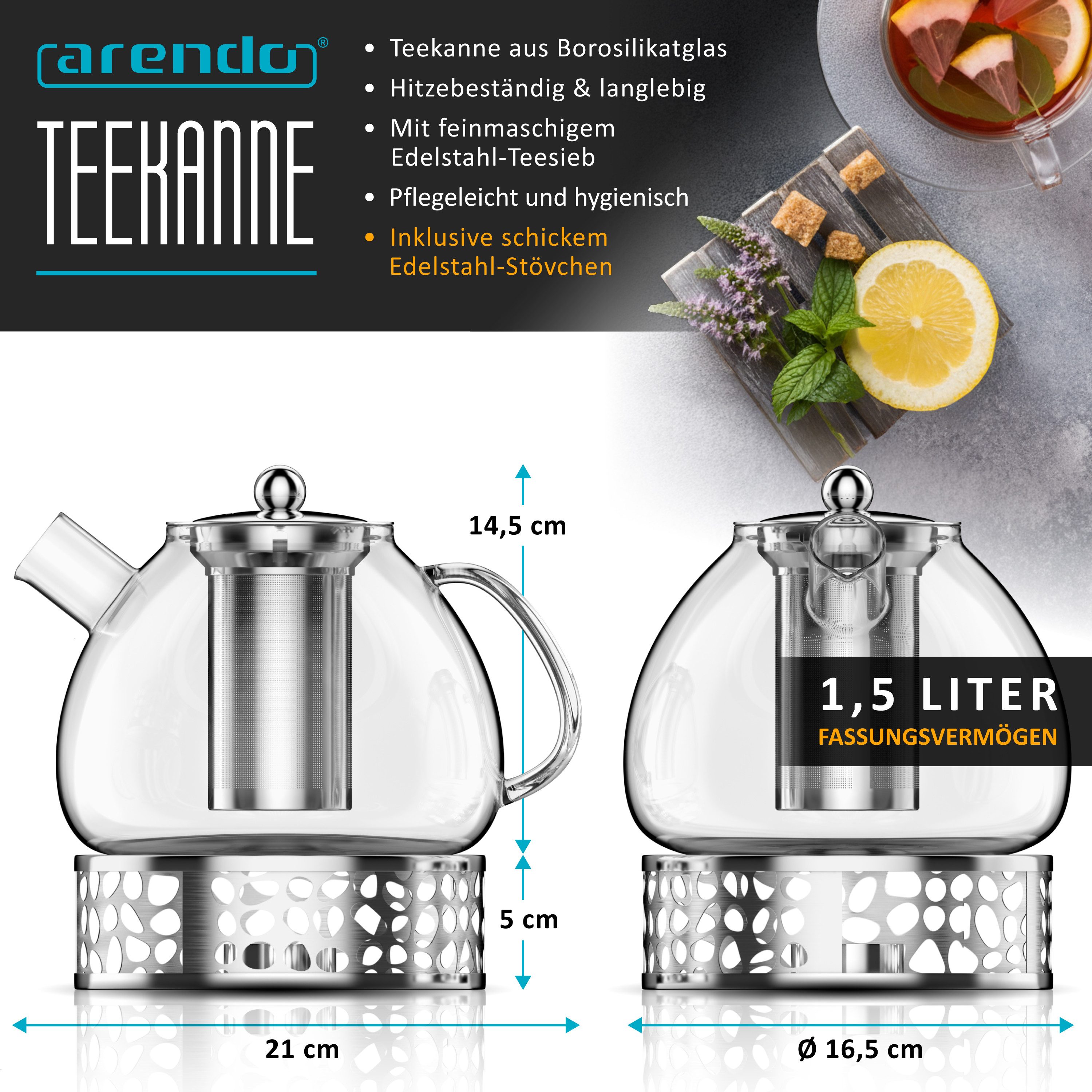 Arendo Teekanne Glas Teebereiter mit Stövchen, Sieb für losen Tee, Kräuter, Früchtetee, 1,5 l, (Set, Glaskanne, Teesieb, Rechaud), Borosilikatglas, Tischkocher, Edelstahlsieb, hitzebeständig, Geschenk