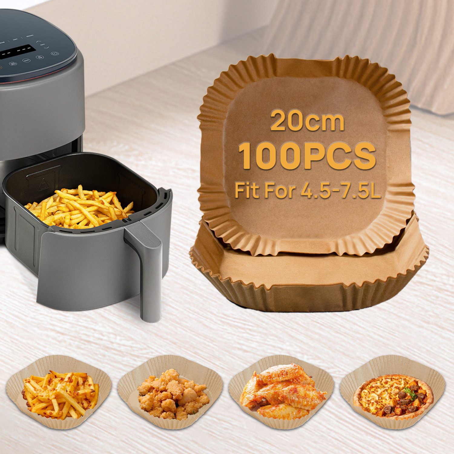 Smad Backpapier für Heißluftfritteuse,20*20*4,5cm,100/200/300St., Antihaft, wasser- und ölbeständig, für Airfryer, Ofen, Mikrowelle