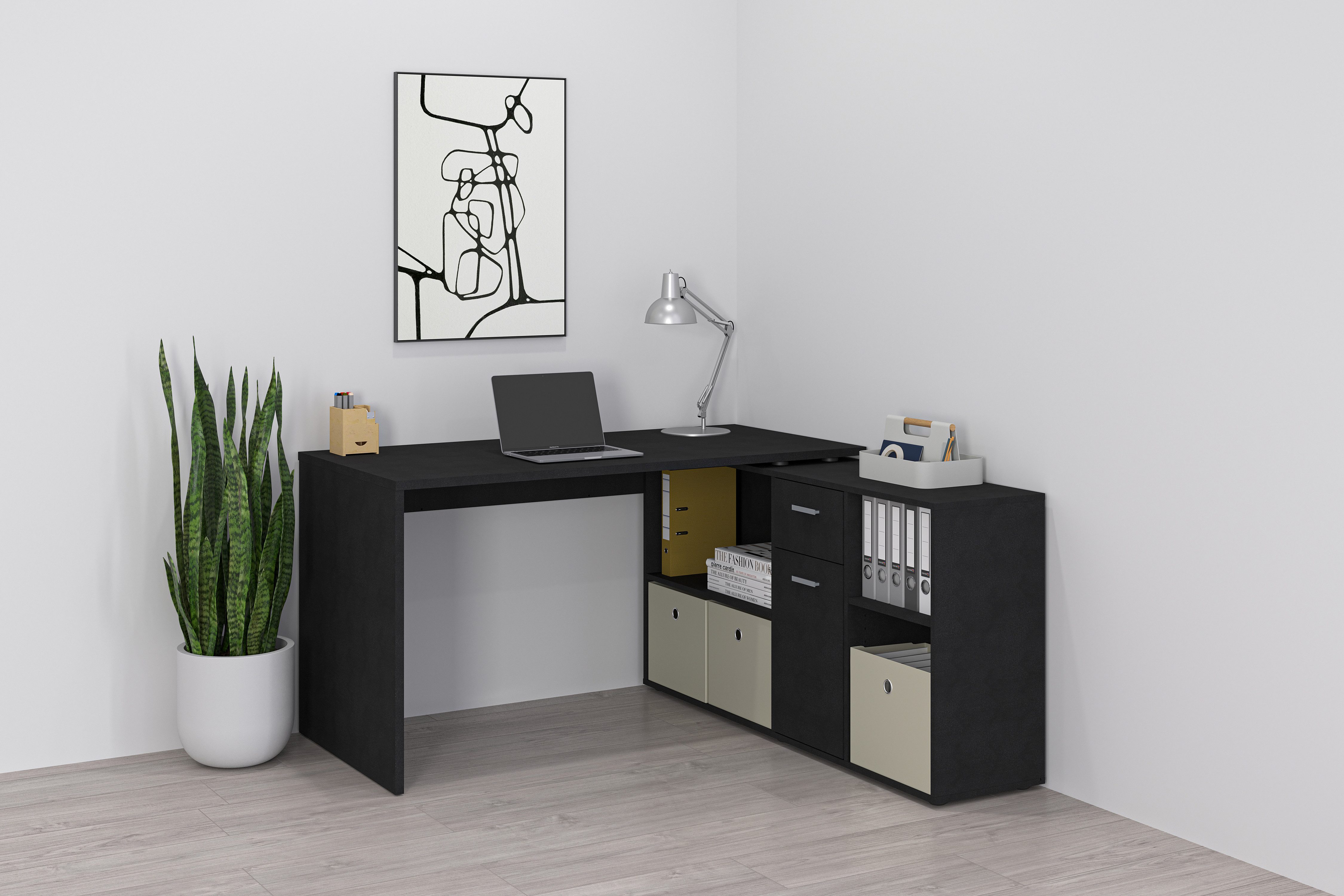 FMD Eckschreibtisch Lexo, Schreibtisch/Sideboard viel Stauraum, beidseitig montierb., 136/205 cm