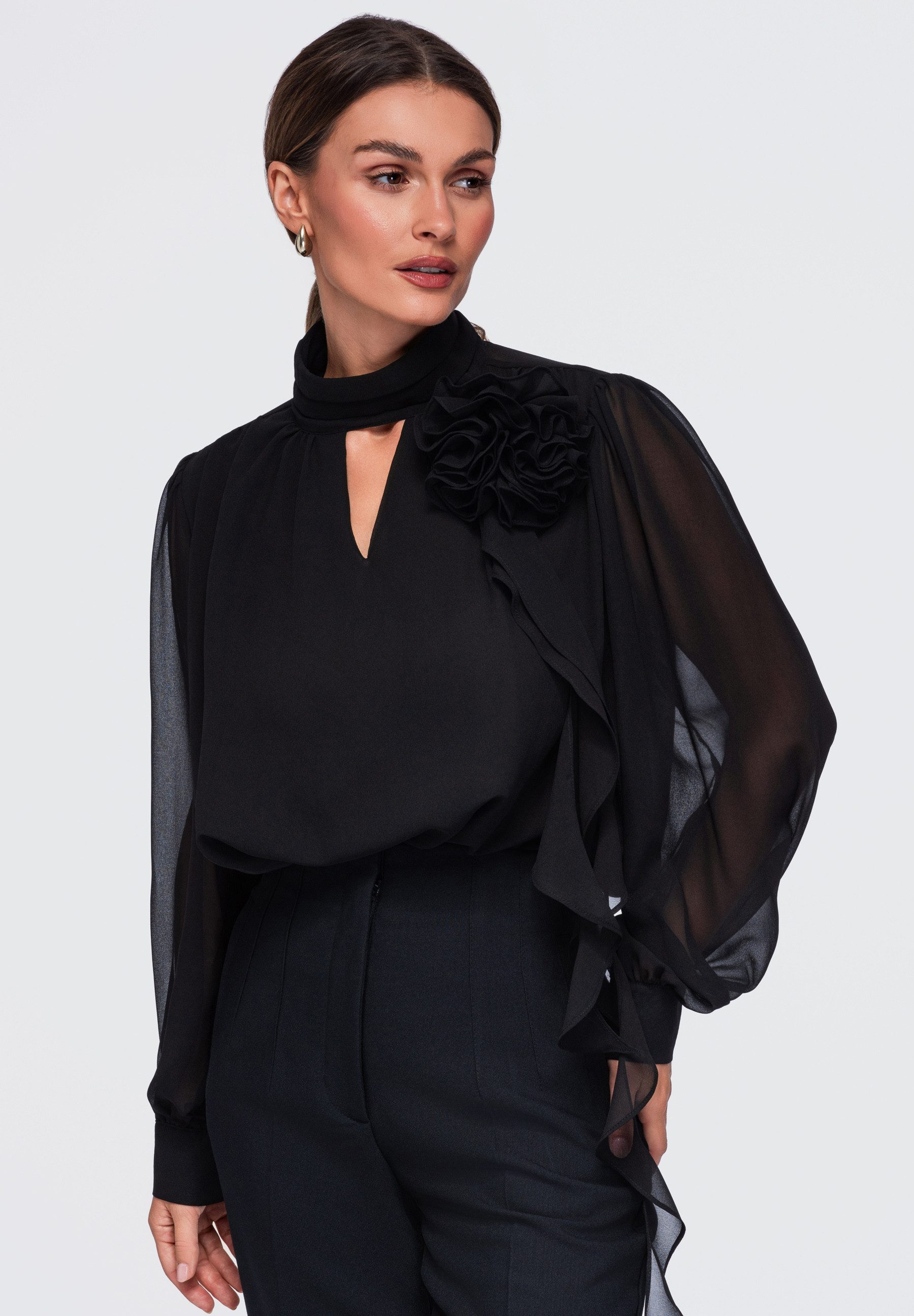 OMBRE Hemdbluse Damen Bluse mit Stehkragen und floralem Detail Schwarz M (kein Set, 1-tlg) in Unifarbe