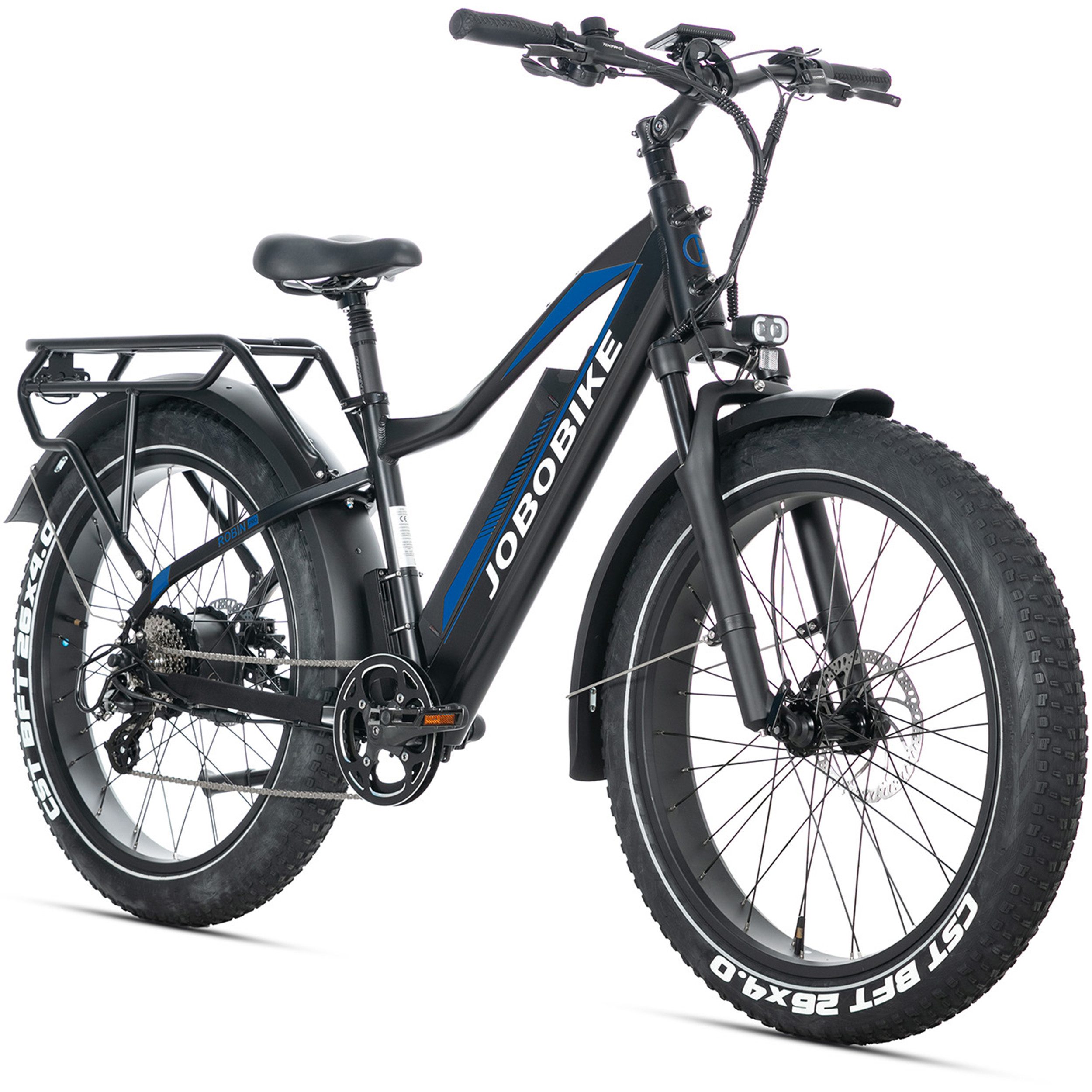 JOBOBIKE E-Bike Mountainbike 26x4,0 Zoll, Elektrofahrrad, 180km, Robin Pro, Gefederte Sattelstütze, 8 Gang Shimano, Kettenschaltung, Heckmotor, 960 Wh, Federgabel, 5 Stufen, Bremslichtfunktion, MTB, für Damen und Herren