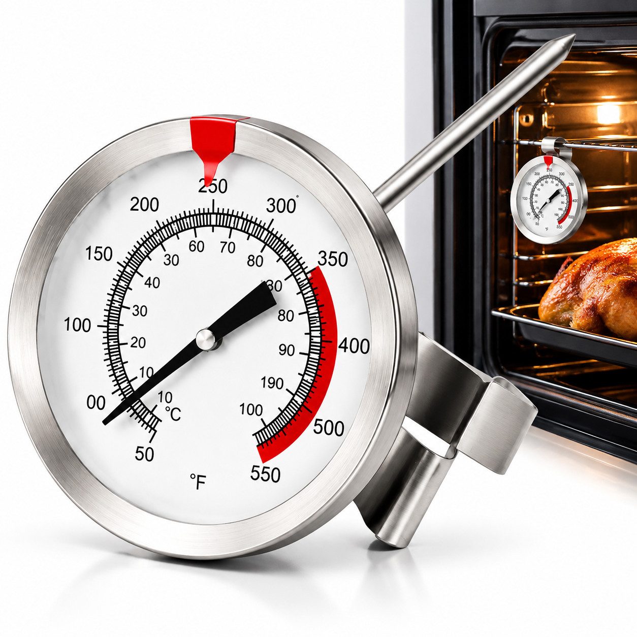 XEOOCE Backofenthermometer Backofenthermometer, Ofenthermometer 0-300°C, Clip, batterielos, Einzelstück, 1 Stück, Clip, 0–300 °C, großes Ziffernblatt, batterielos, spülmaschinenfest