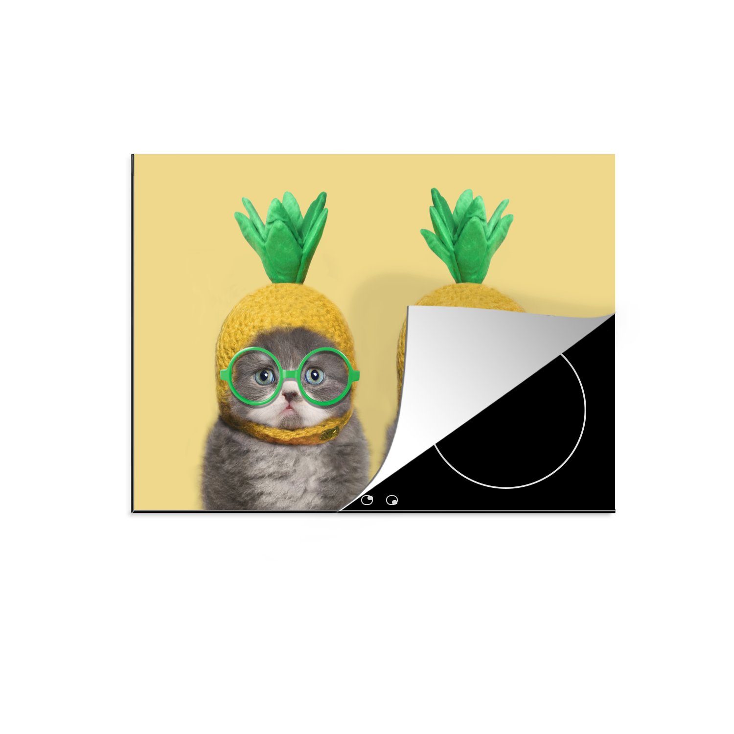 MuchoWow Herdblende-/Abdeckplatte Komische Kätzchen mit Ananas-Hüten und Brillen, Vinyl, (1 tlg), 70x52 cm, Mobile Arbeitsfläche nutzbar, Ceranfeldabdeckung