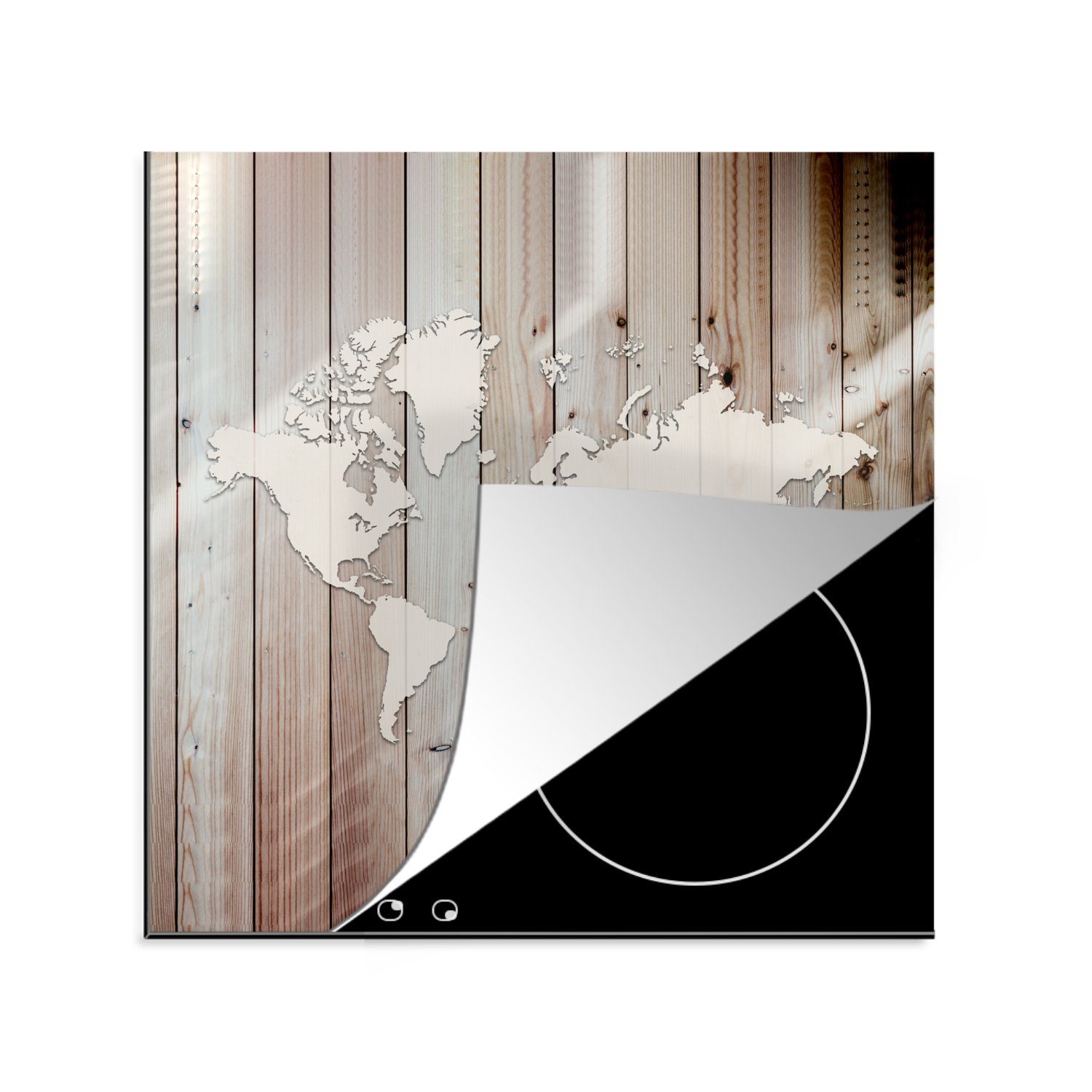 MuchoWow Herdblende-/Abdeckplatte Weltkarte - Weiß - Holz, Vinyl, (1 tlg), 78x78 cm, Ceranfeldabdeckung, Arbeitsplatte für küche