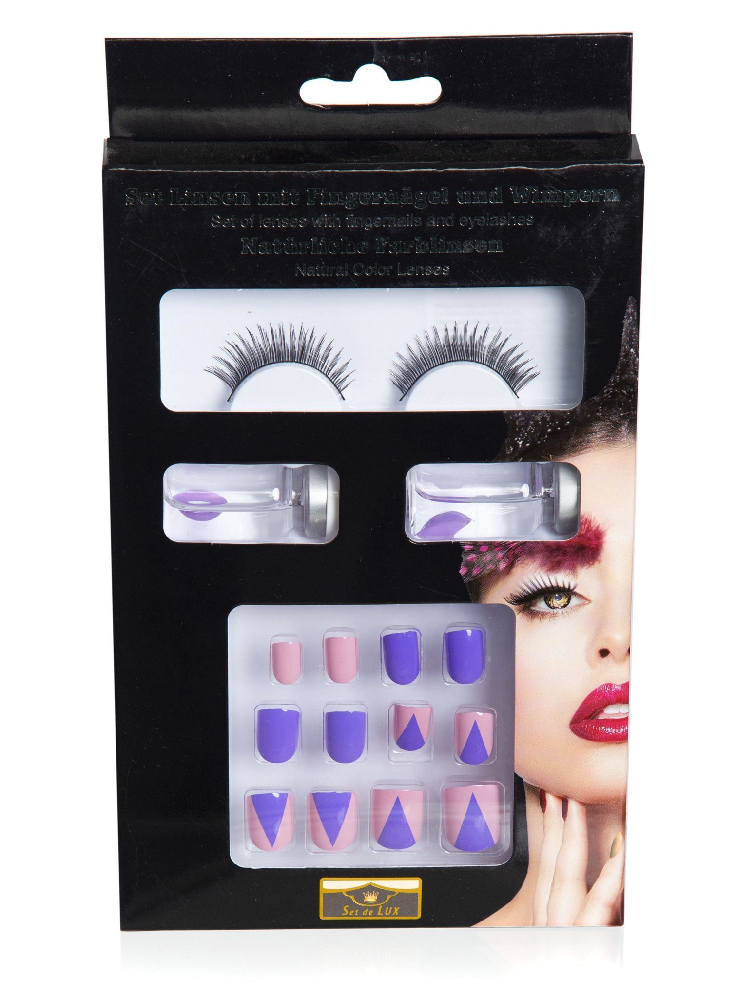Kompaktes Fingernägeln Kontaktlinsen Metamorph Wimpern, Set rosa-flieder, und SFX Make-up Schminkset mit Bandwimpern