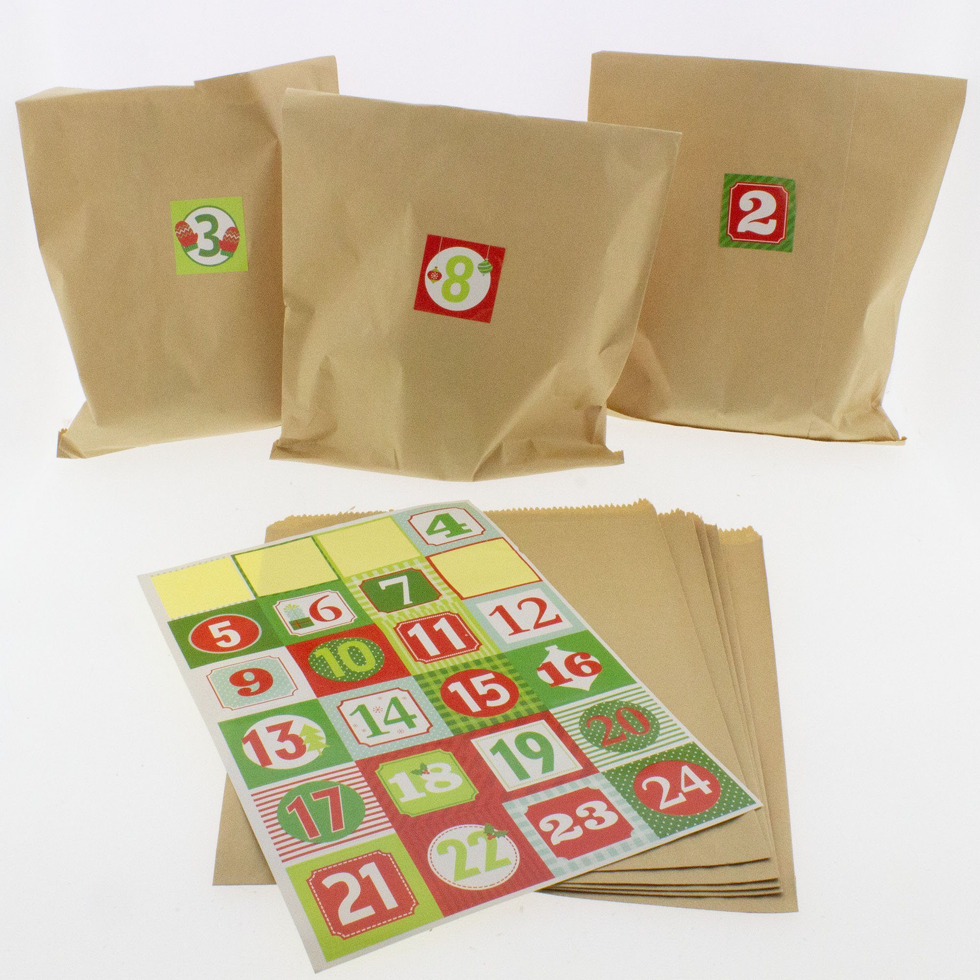 Annastore befüllbarer Adventskalender Adventskalender DIY zum Befüllen - 24 x Papierbeutel, 24 Zahlensticker, Adventskalender zum selbst Befüllen rot-grün