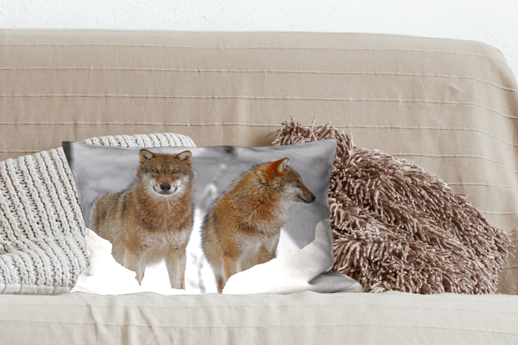 Schlafzimmer Füllung, MuchoWow Schnee Dekoration, Wohzimmer mit Zierkissen, Wolf Dekokissen Tiere, Dekokissen - -