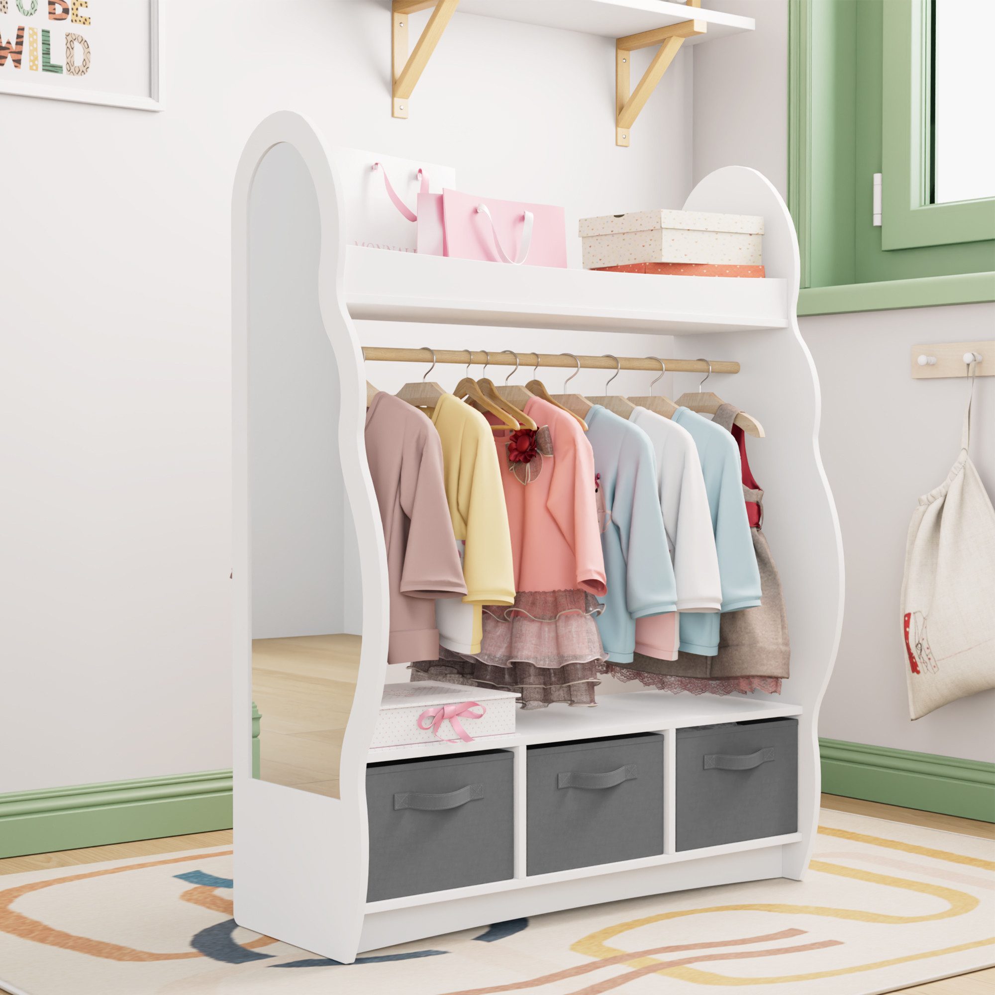 radelldar Kinderkleiderschrank mit Kleiderstange 3 -St. mit Spiegel & 2 Boxen & 2 Haken, Holz (1-St) Mit Spiegel, 2 Schubladen Rosa, 2/3 Schubladen Rosa, Weiß/Rosa