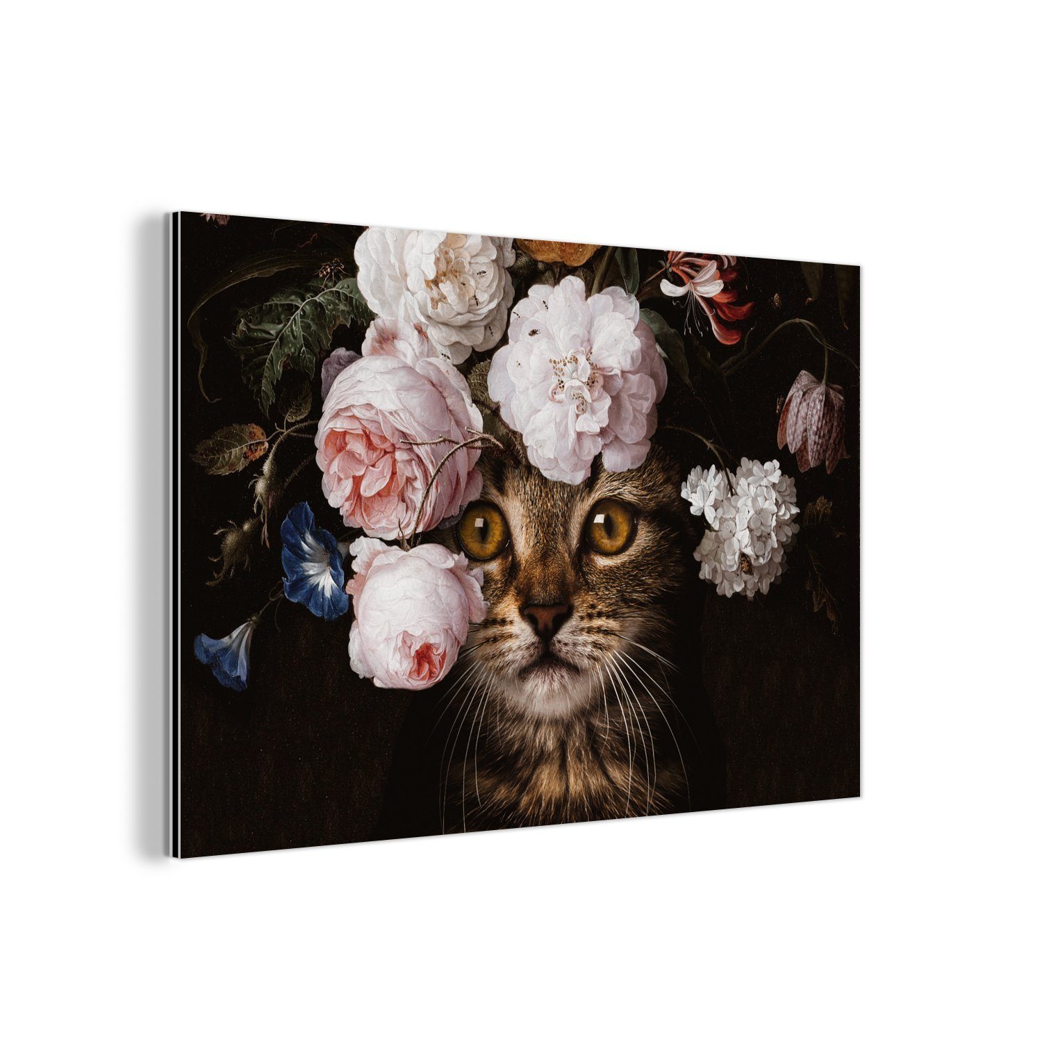 MuchoWow Metallbild Katze - Blumen - günstig online kaufen