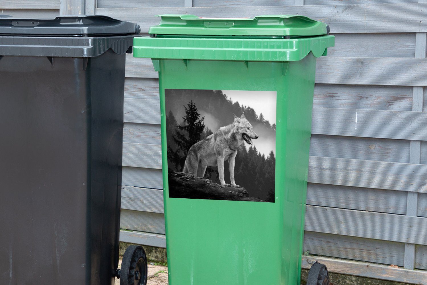 MuchoWow Wandsticker Wolf St), Wald - Container, - Mülleimer-aufkleber, (1 Sticker, - Abfalbehälter Schwarz Mülltonne, Weiß