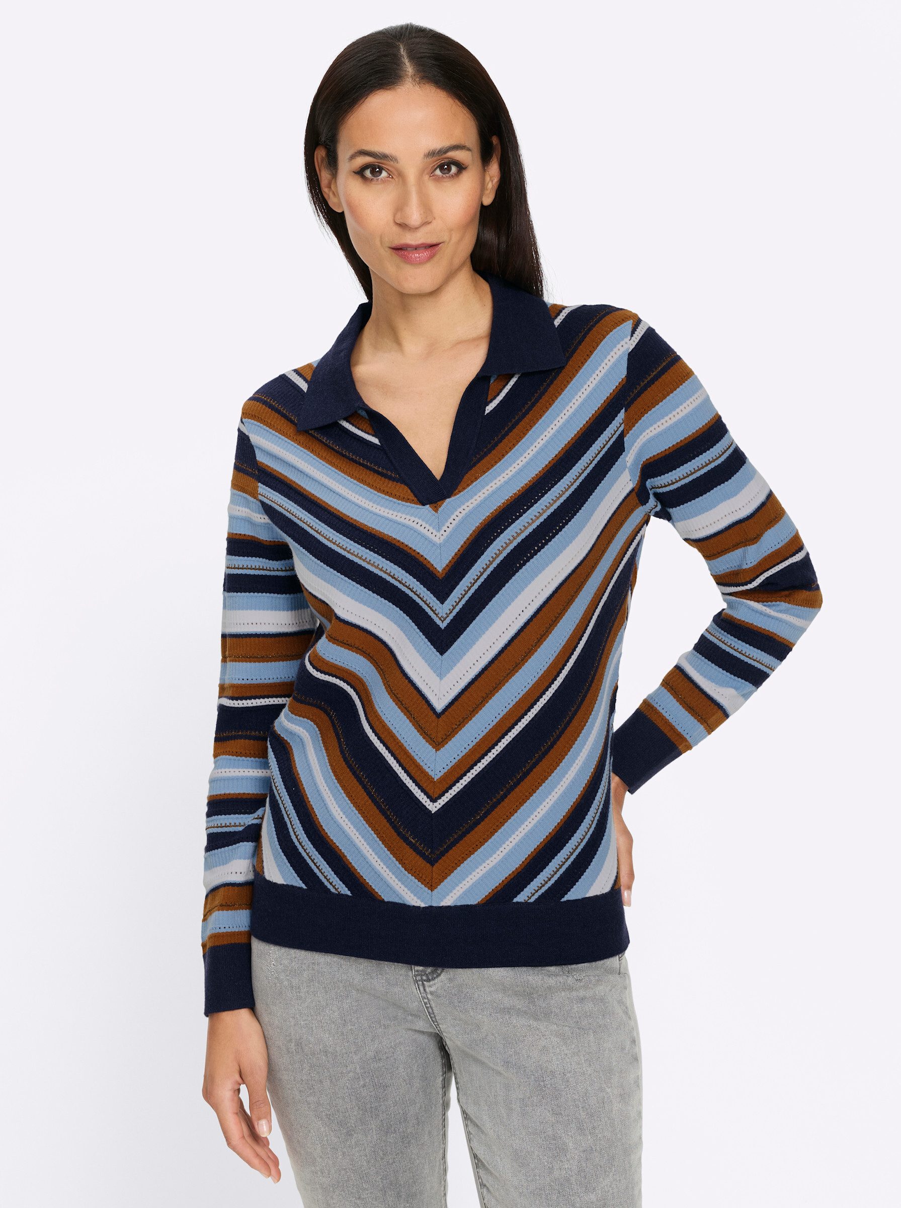heine Strickpullover Polopullover Langarm Ajour, Feinstrick, Rippoptik