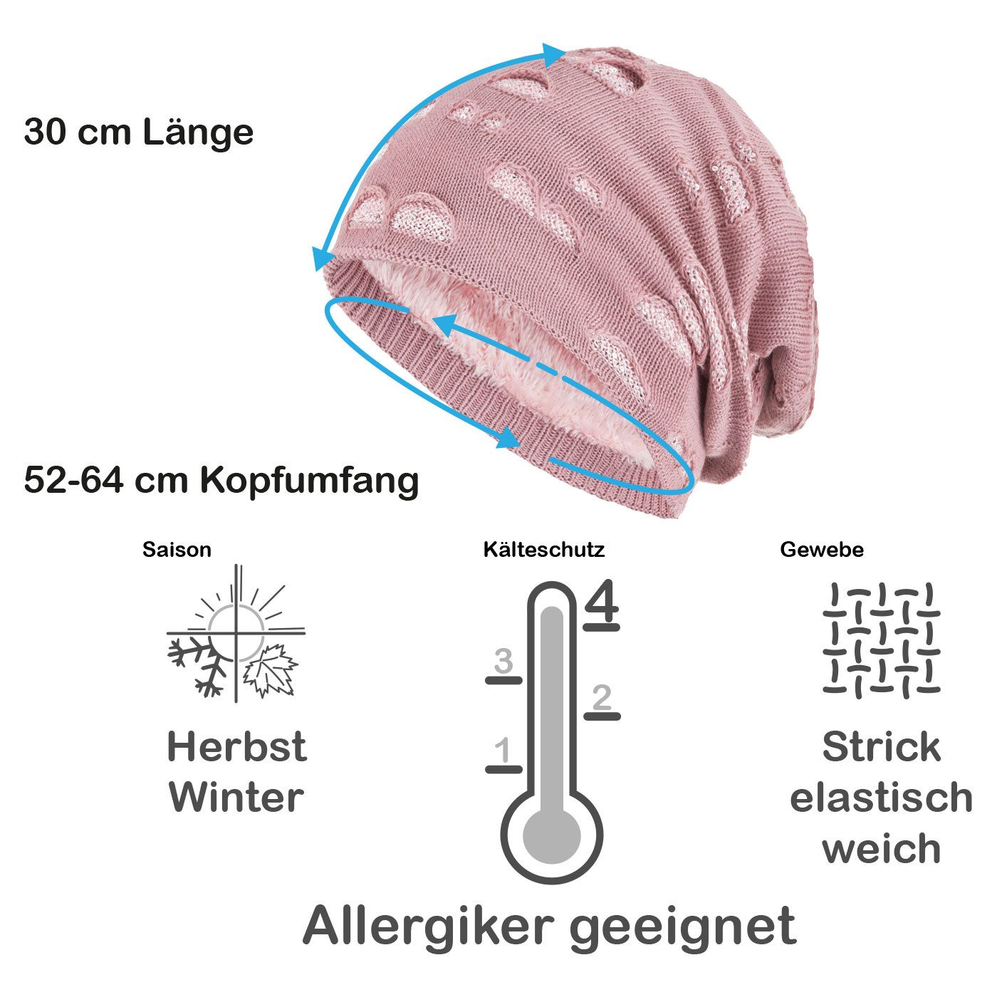 compagno Strickmütze (1-St) Damen Wintermütze mit Pailletten Warm gefüttert Beanie Mütze Haube