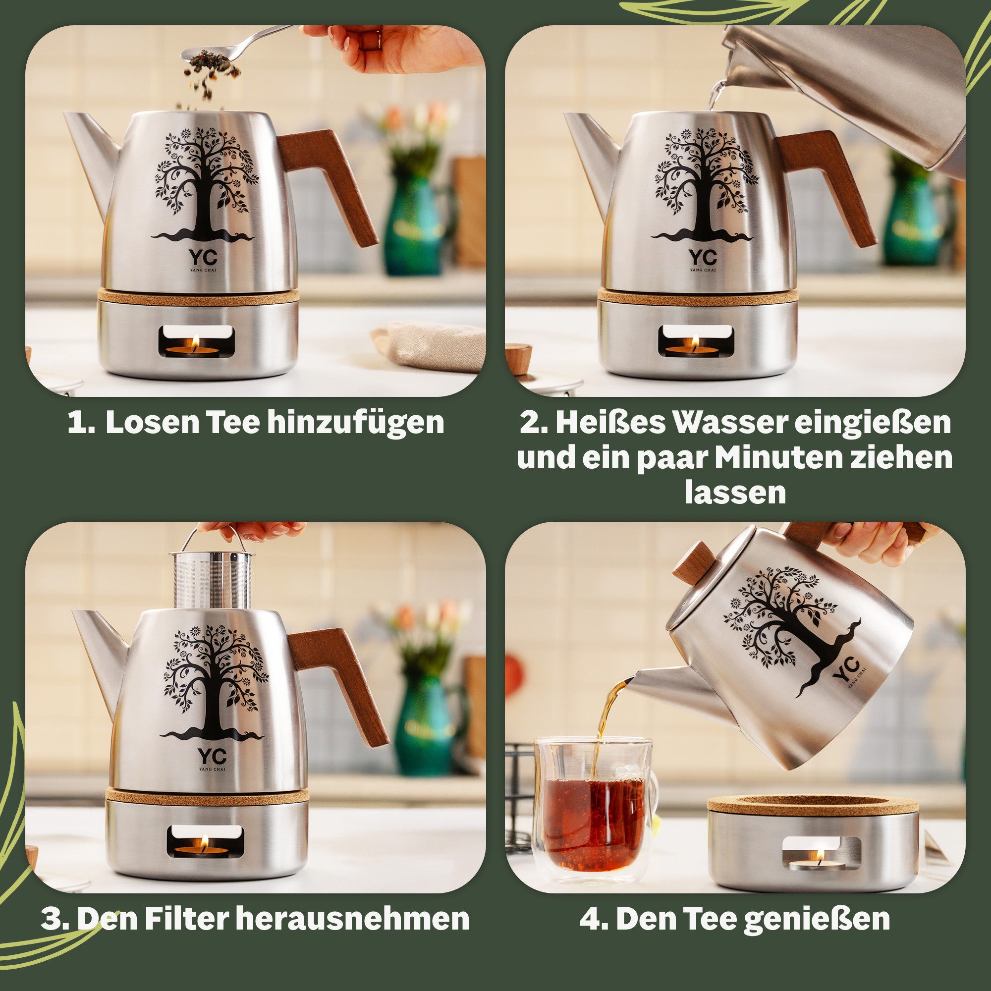 Yang Chai Teekanne Edelstahl mit Siebeinsatz 1,1L, (Doppelwandige Thermo Teekanne Edelstahl, Teebereiter mit Eichenholzgriffen), Tee Kanne 100% Tropffrei