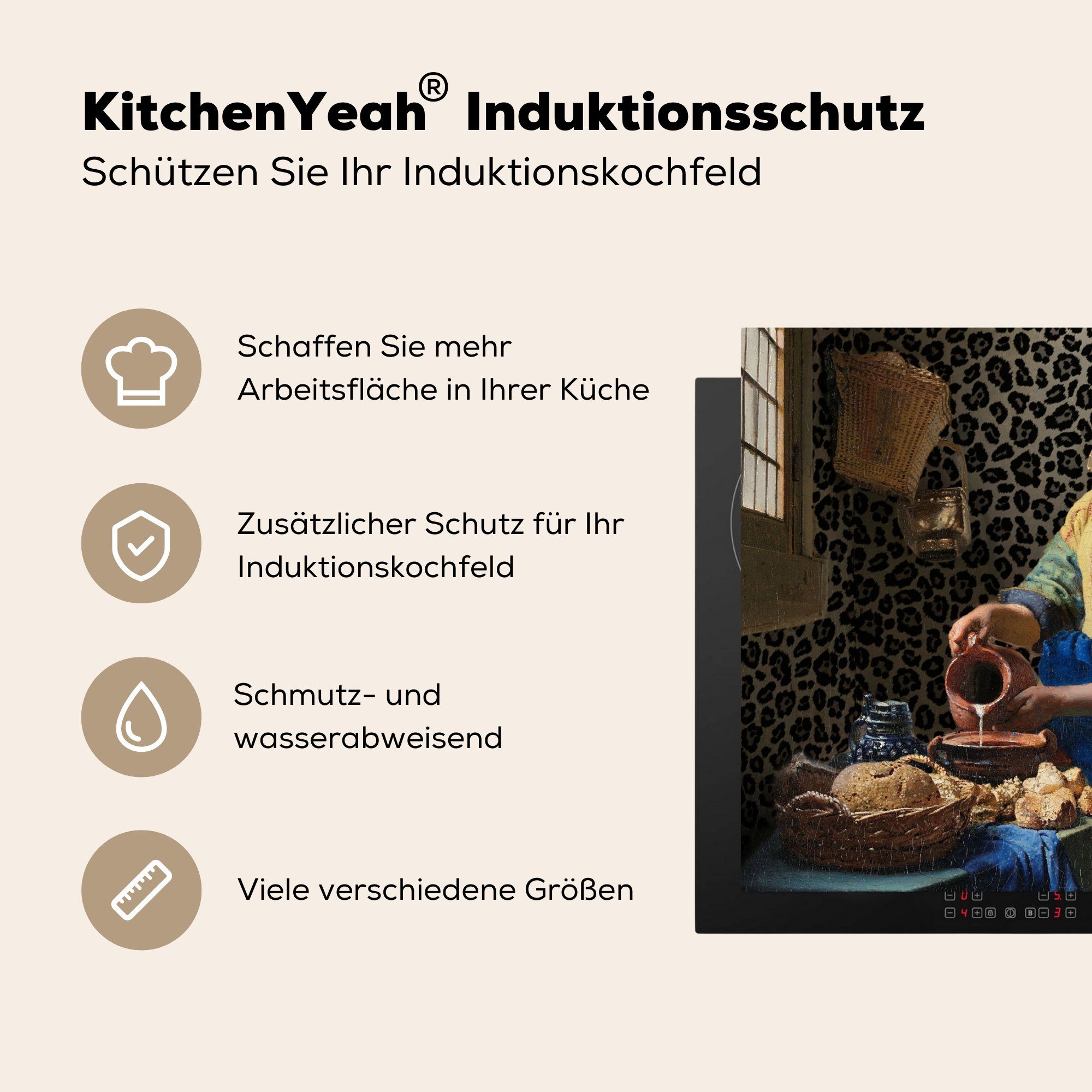 MuchoWow Herdblende-/Abdeckplatte Milchmädchen - Kunst - küche, die Alte tlg), - - Vermeer Vinyl, Pantherdruck Gemälde Induktionskochfeld 71x52 Schutz Meister, Ceranfeldabdeckung - für cm, (1