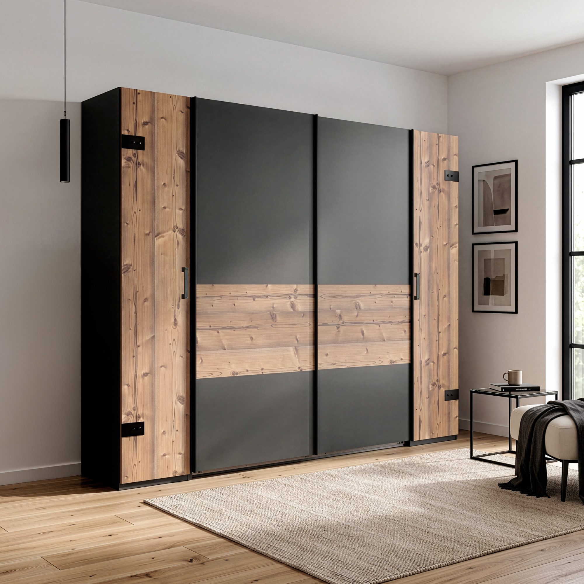 Lomadox Kleiderschrank SUNDERLAND-43 graphit grau Fichte Schwebetüren Industrial Design 272x208x65 cm